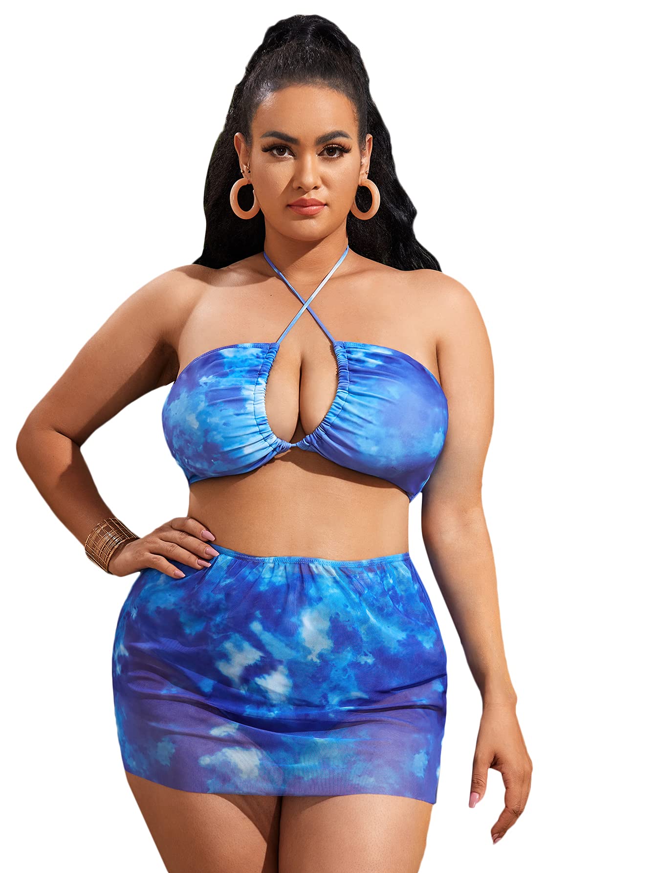 Romwe Women's Plus Size 3 Pack High Waisted Criss Cross Bikini Set with Beach Skirts - Swimwear for Women, Tankini Bathing Suit for Beach Vacation, Pool Party & Summer Travel