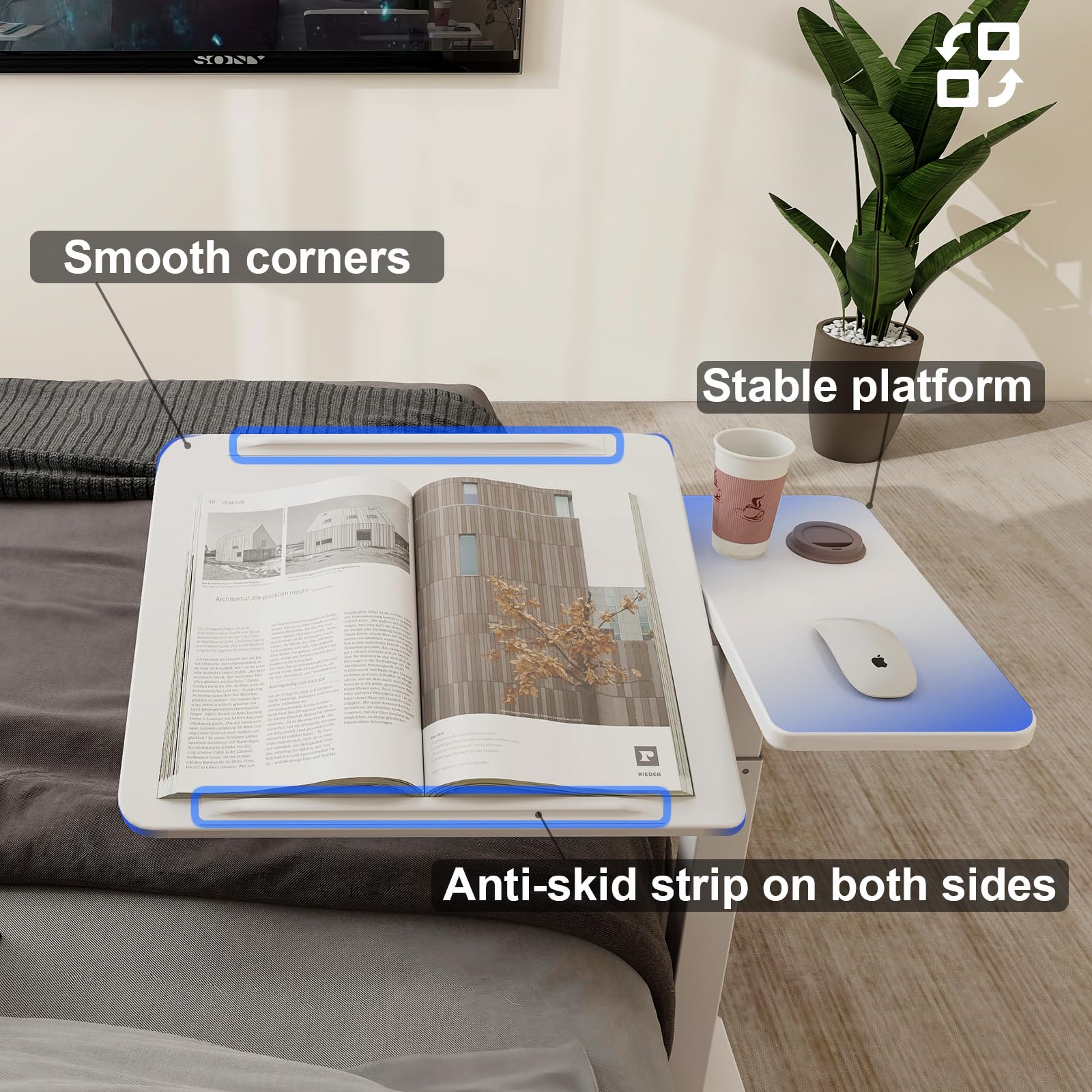 PUNCIA Adjustable Pneumatic Overbed Table with Wheels - Split Top Tilting Bedside Table with Tray - Rolling Laptop Computer Standing Desk Cart (Height 27