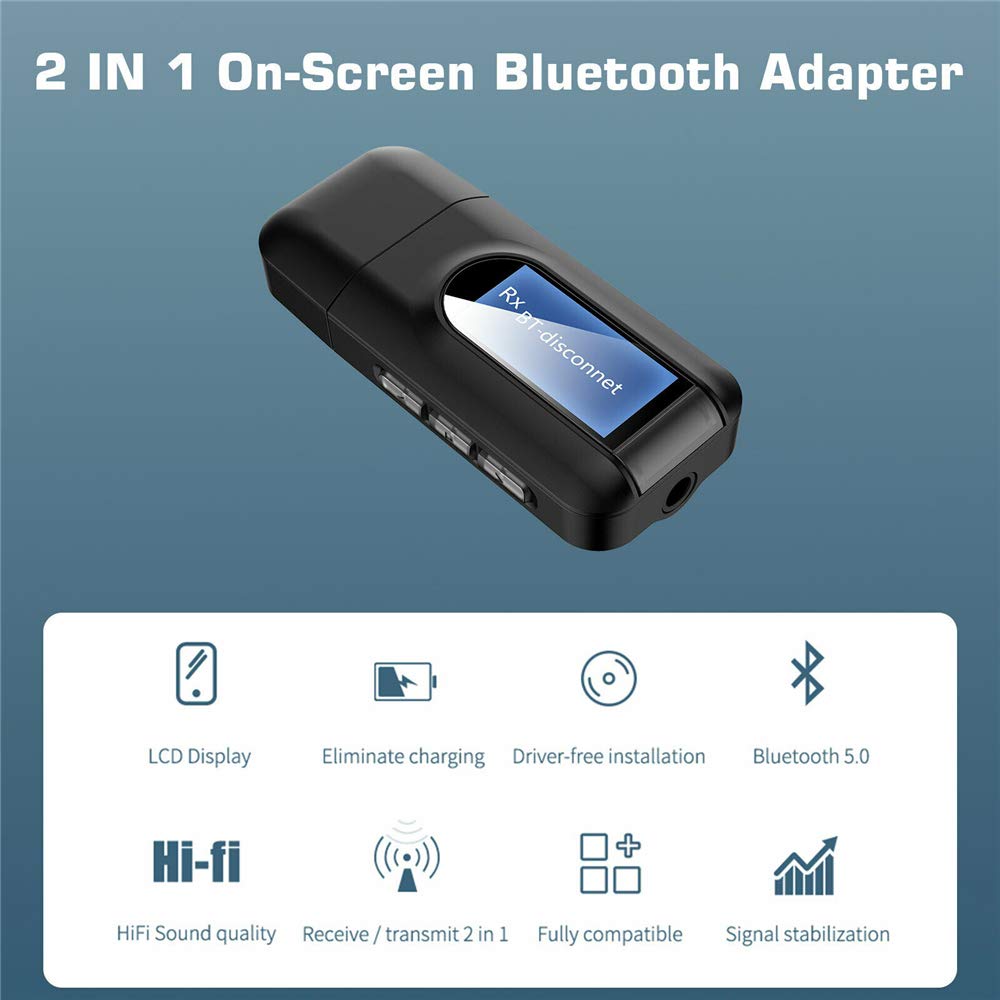 Bluetooth 5.0 USB Adapter - Wireless Audio Receiver & Transmitter with 3.5mm AUX & LCD Screen for Car, PC, TV, Headphones | Perfect for Hands-Free Calling & Music Streaming in Vehicles, Home & Office