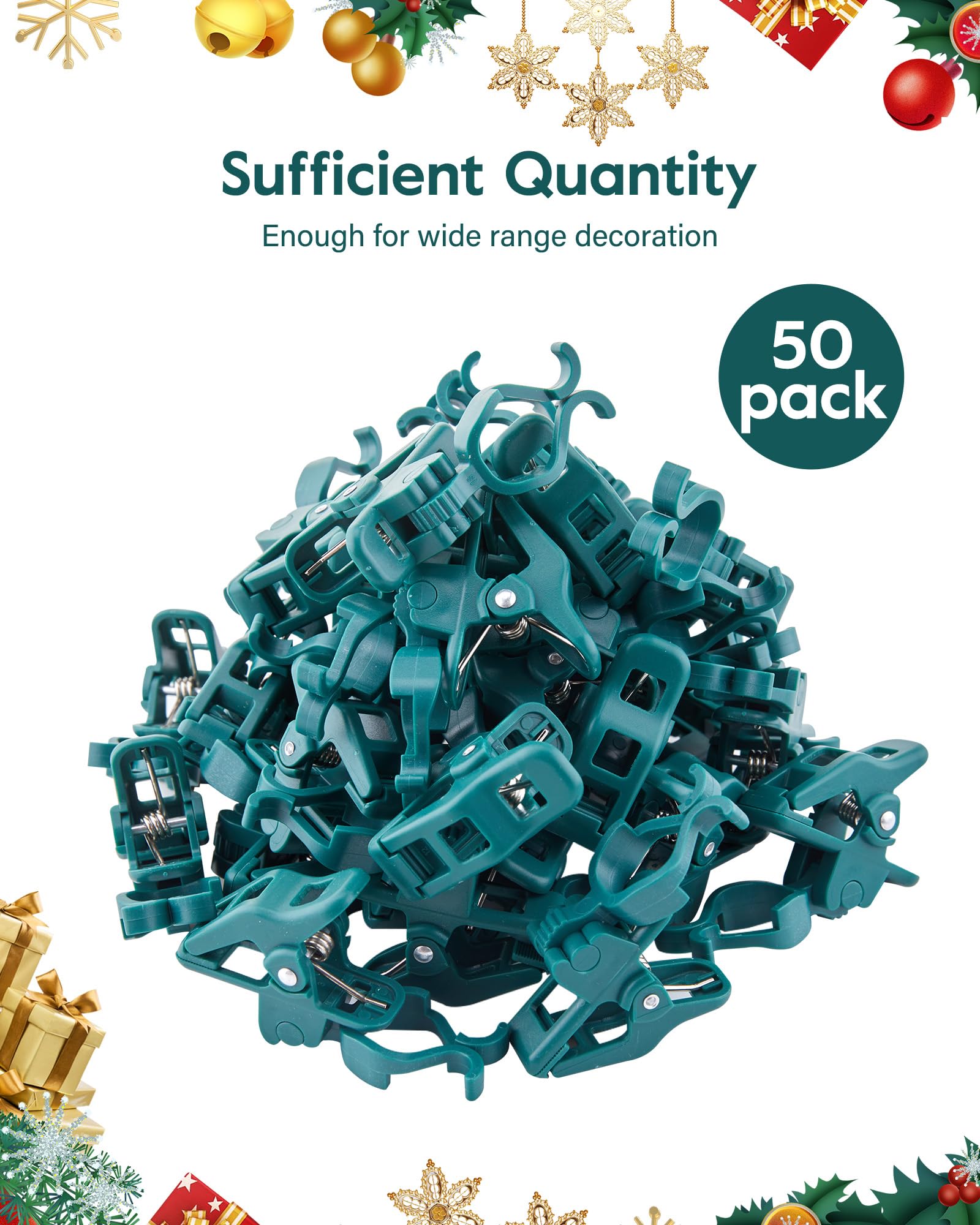 Universal Spring Clips for C7 C9 Christmas Lights - 50 Pack of Quick-Install Holiday Light Clips, Shatterproof Shingle & Gutter Hooks for E12 E17 Bulbs - Perfect for Metal Roofs, Fences, Railings & Gates - Ideal for Outdoor Holiday Decorations & Year-Round Lighting Displays