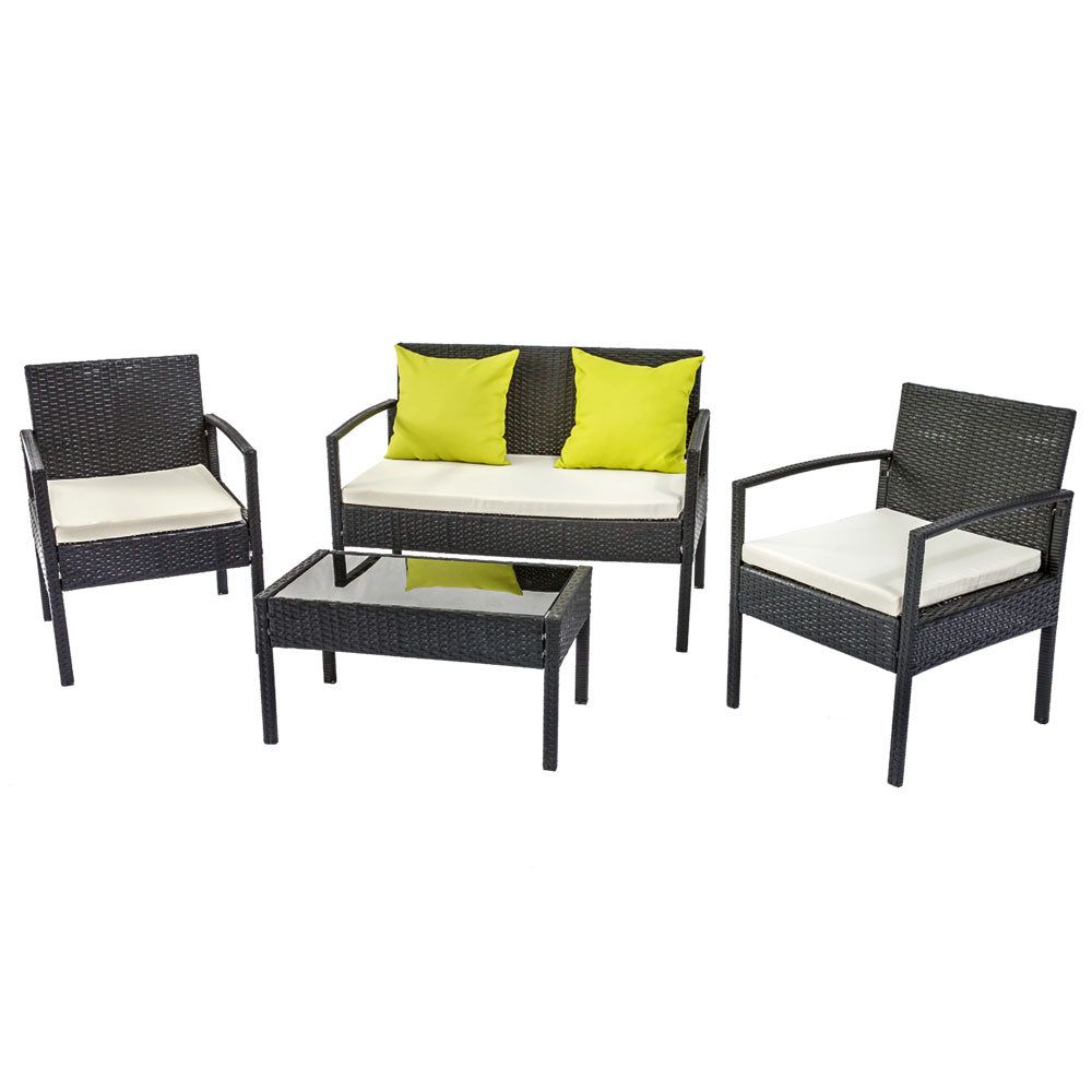 4-Seater Outdoor Wicker Sofa Set with Table and Cushions - Patio Garden Furniture for Lounge, Bistro & Backyard Relaxation - Black Rattan Furniture