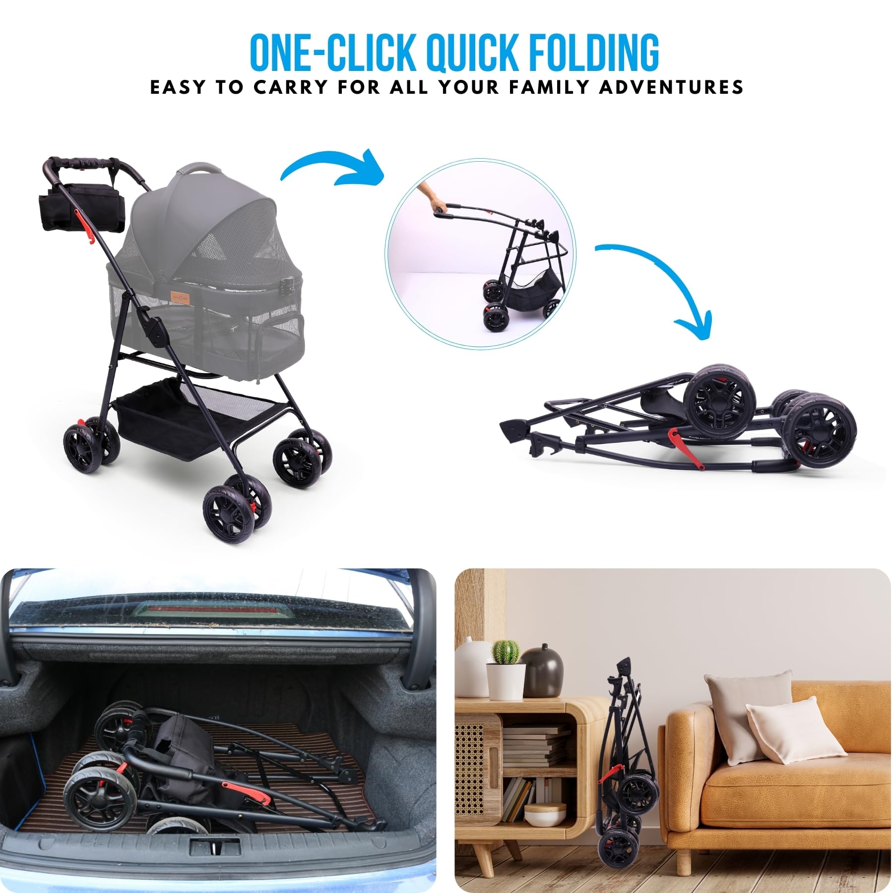 Premium Pet Stroller for Small Dogs & Cats - 3-in-1 Convertible Carrier with Wheels, Detachable Design, 33 lbs Capacity - Easy Fold & Compact for Travel - Perfect for Vet Visits, Shopping & Outdoor Adventures (Black)