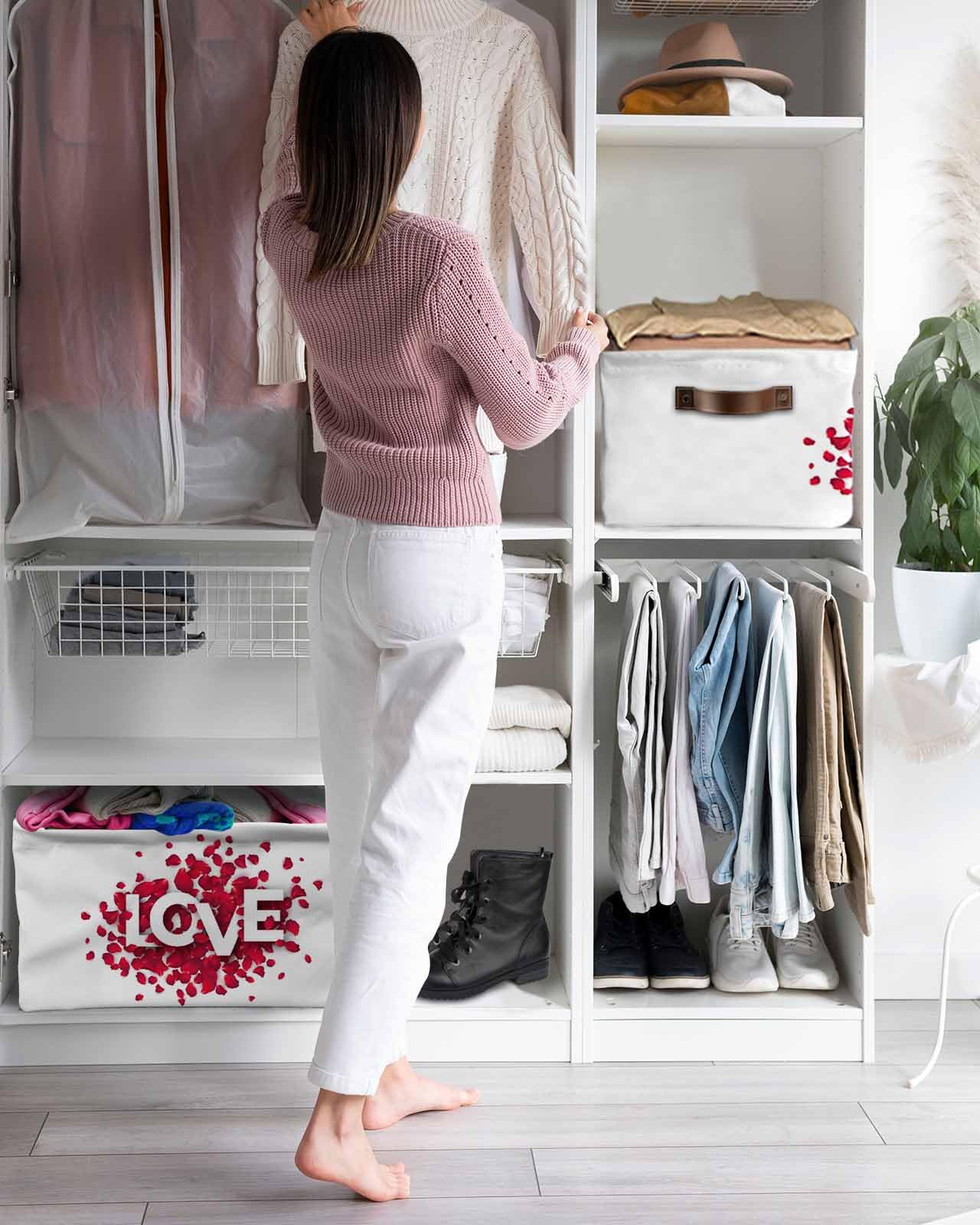 Large Collapsible Storage Bins with Handles - 2 Pack White Fabric Cube Organizer Baskets for Shelves, Closet & Nursery | Valentine's Day Gift Idea with Rose Leaf Design | Perfect for Home Organization & Decor