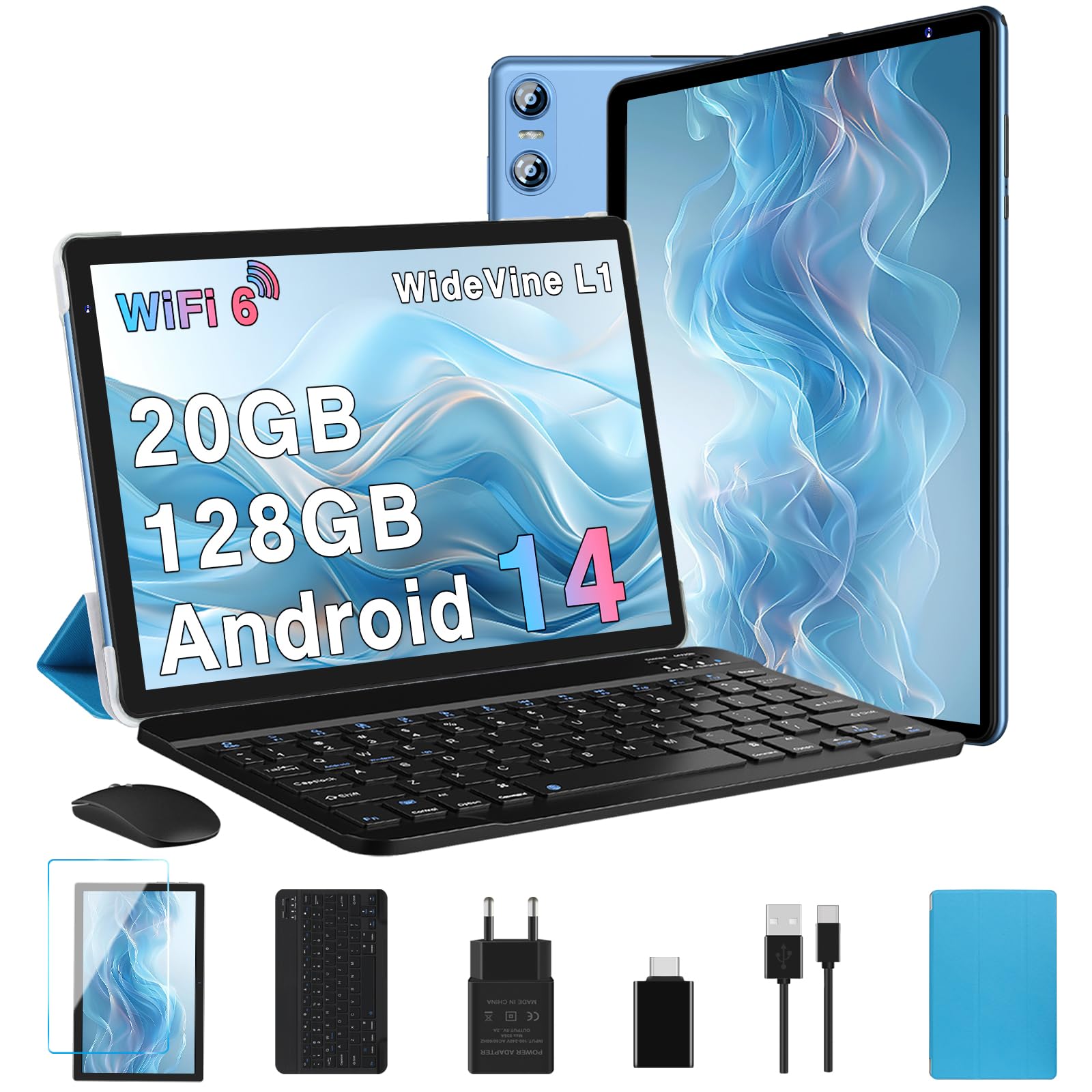 Biegedy 10 Inch Android 14 Tablet - 20GB RAM 128GB ROM (1TB Expandable) Octa-Core Processor, 5G WiFi, 5MP+8MP Dual Camera - 2-in-1 Tablet with Keyboard & Mouse Included - Perfect for Work, Study, and Entertainment - Blue