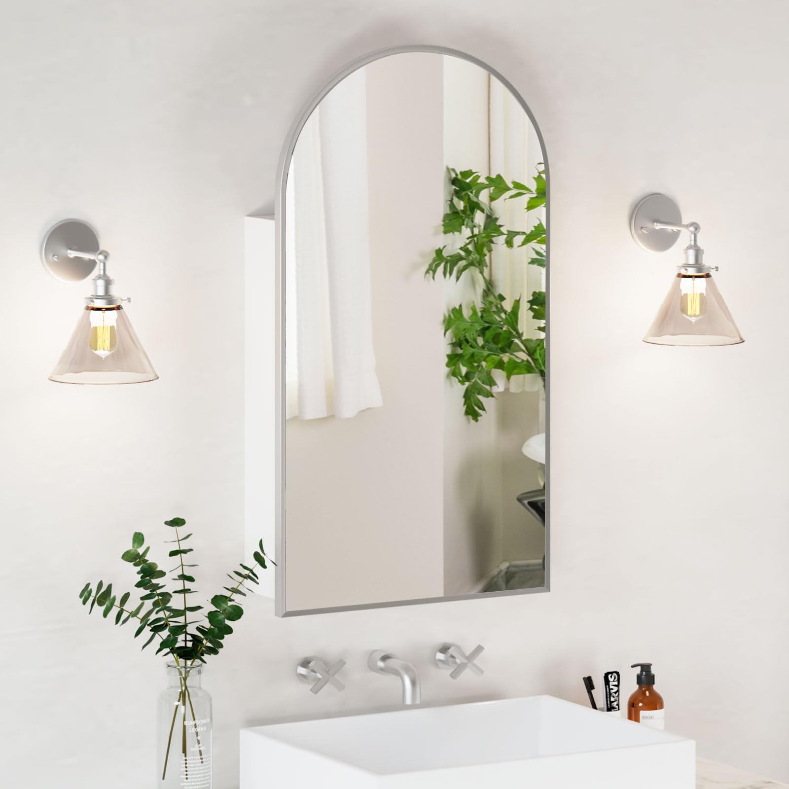 Arched Medicine Cabinet with Mirror - Brushed Nickel Bathroom Storage Cabinet, Wall Mounted 20x36 Inch - Perfect for Small Bathrooms & Vanity Areas