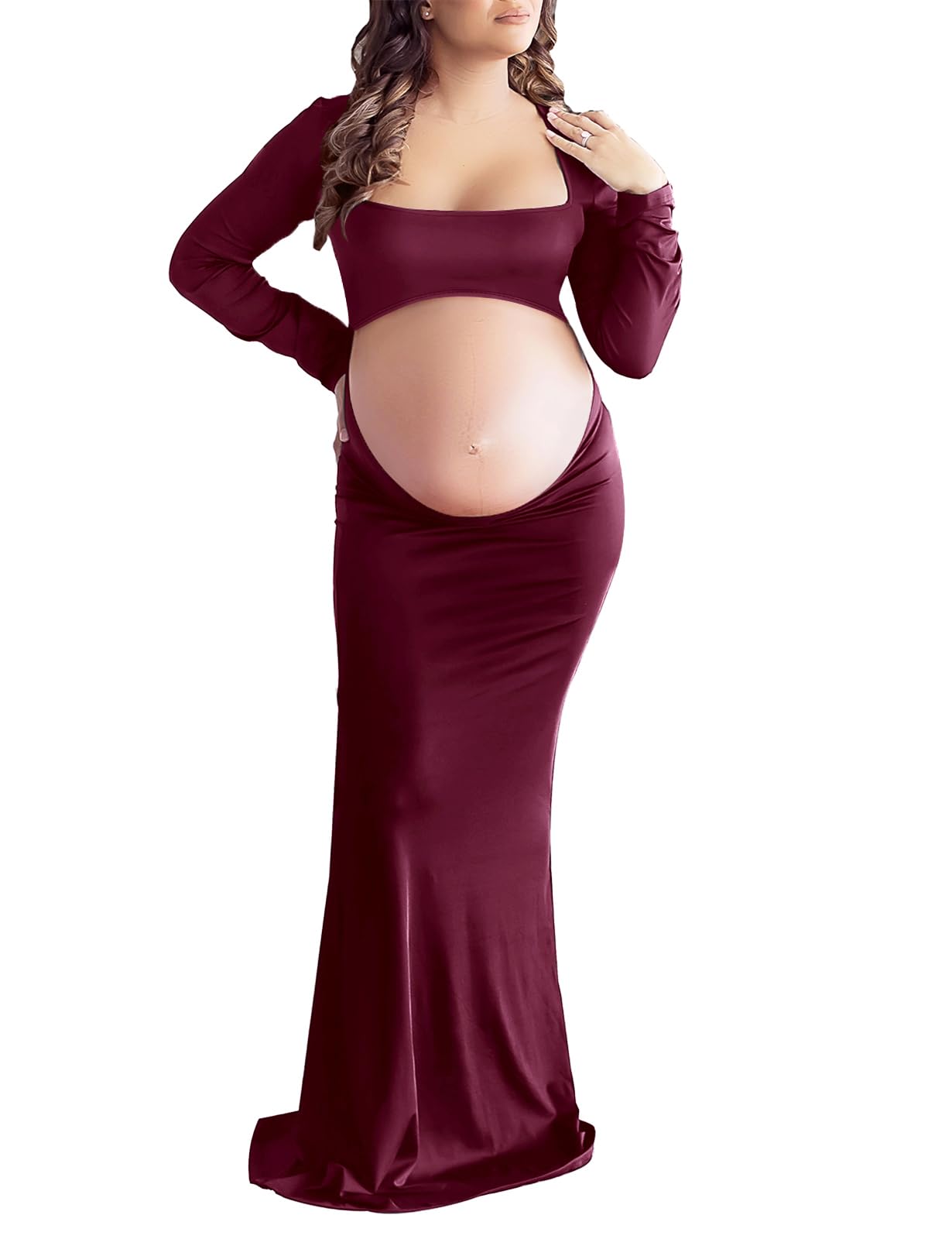 Stylish Cut Out Maternity Dress for Pregnancy Photos - Open Belly Long Sleeve Photography Gown with Square Neck - Perfect for Maternity Photoshoots, Baby Showers & Special Occasions