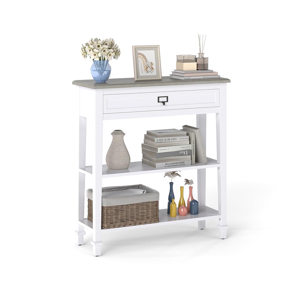 30 Inch Narrow Console Table with Drawer & Bottom Shelf - Entryway, Living Room, Hallway Furniture - Perfect for Small Spaces & Home Decor (White)