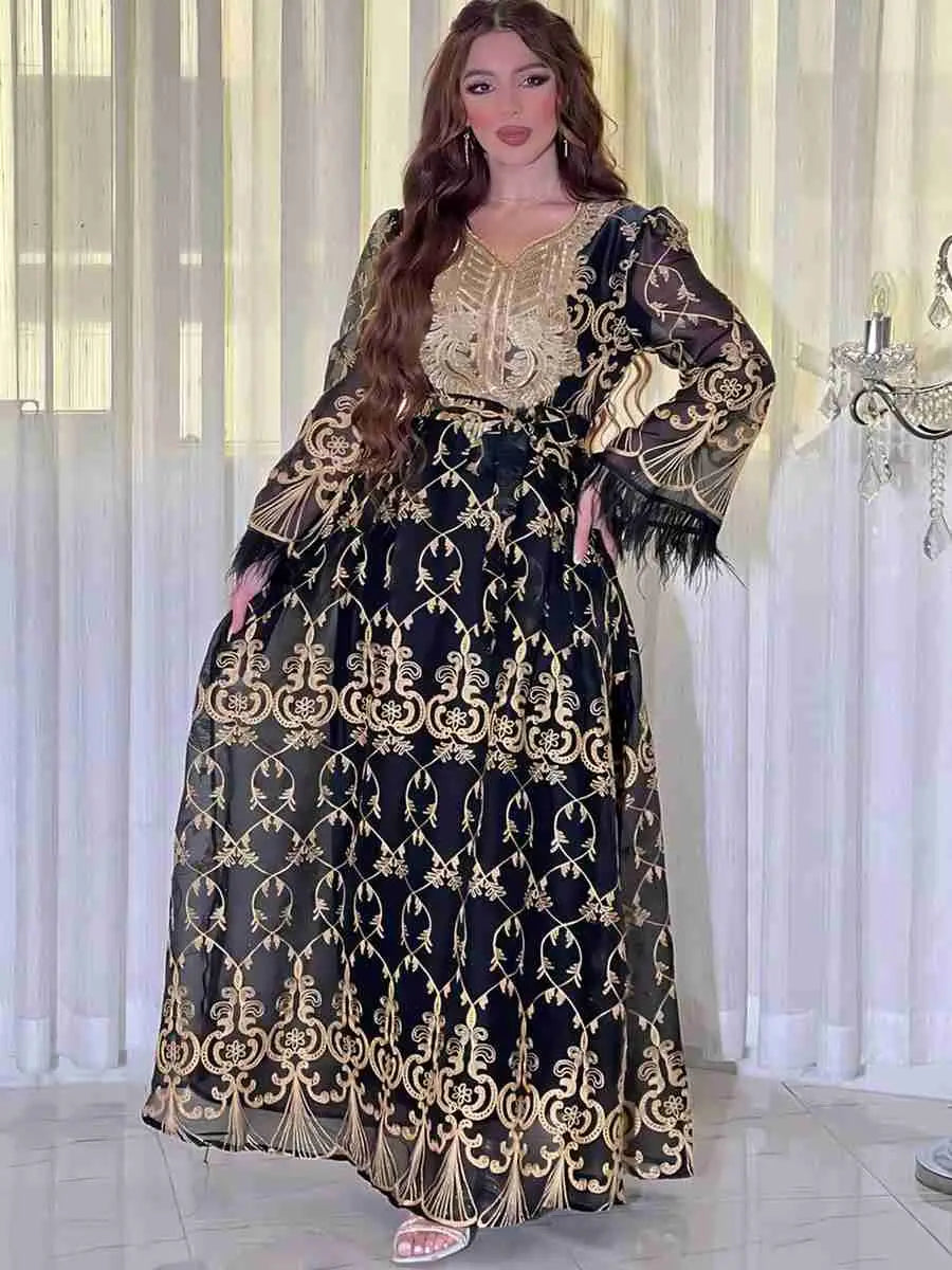 Elegant Eid Outfits for Women - Sparkling Sequins & Embroidery Muslim Caftan Kaftan Dress Jalabiya - Perfect for Eid Celebrations, Weddings & Special Occasions
