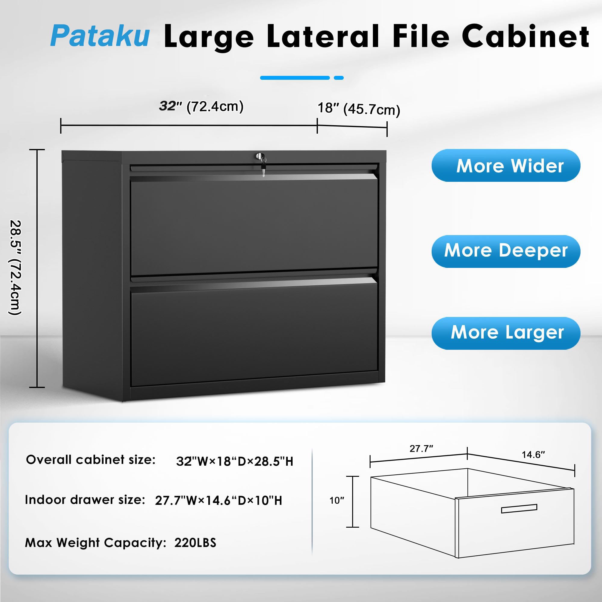 Pataku 2-Drawer Lateral File Cabinet with Lock - Black Metal Filing Cabinet for Home Office, Organize Hanging Files, Letters, Legal, F4 & A4 Documents - Perfect for Office Storage & Home Workspace Organization