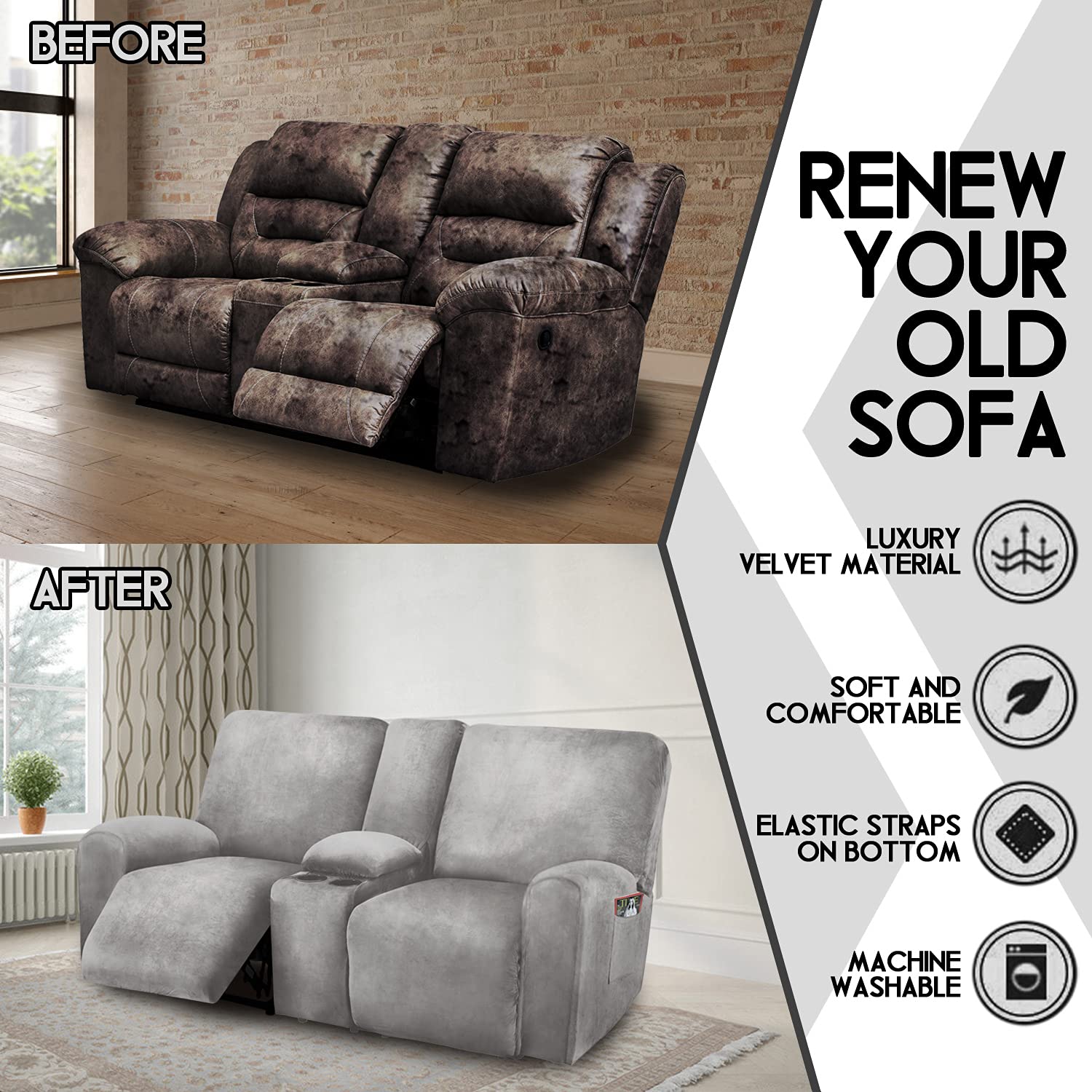 8-Piece Velvet Stretch Reclining Loveseat Cover with Middle Console - Soft, Thick & Washable Slipcover for 2-Seat Recliner Sofa (Light Grey) - Perfect for Living Room, Home Theater & Family Room Furniture Protection