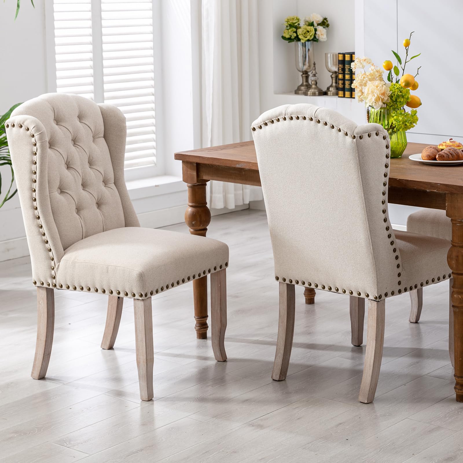 Modern Tufted Dining Chairs Set of 2 - Linen Upholstered Armless Side Chairs with Solid Wood Frame for Kitchen, Dining Room & Guest Seating - Wingback Accent Chairs in Beige - Perfect for Small Spaces, Breakfast Nooks & Formal Dining Areas