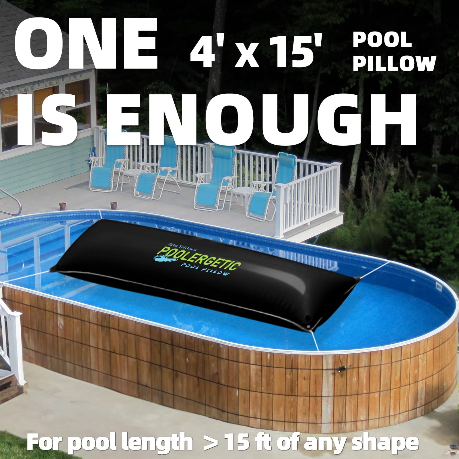 4x15 Ft Heavy-Duty Winter Pool Pillow for Above Ground Swimming Pools - 0.4mm Thick Air Pillow with Cords for Winterizing & Closing (Black, 1 Pack) - Prevents Ice Damage & Protects Pool Cover During Cold Season