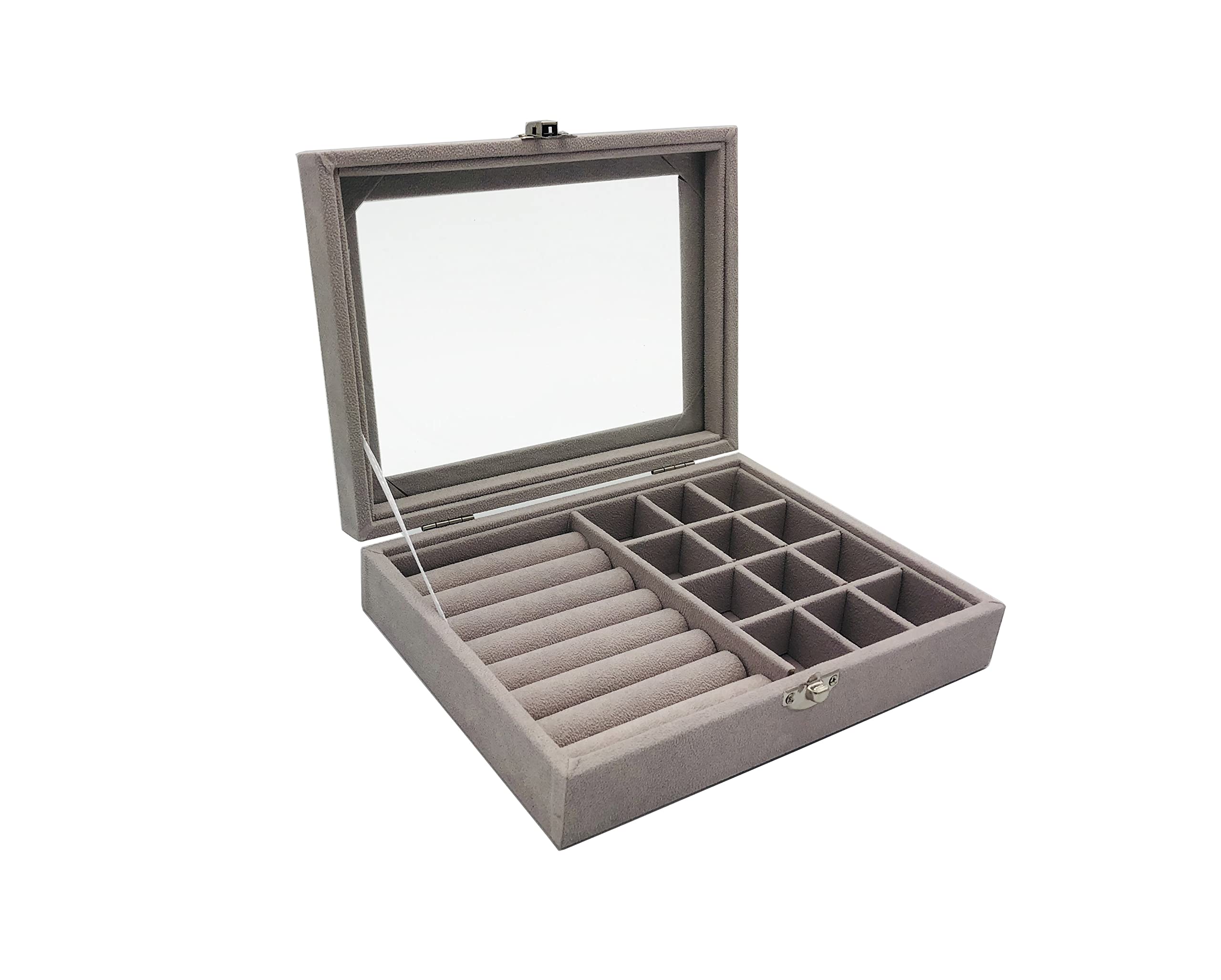 Elegant Jewelry Box Organizer with Clear Glass Lid & Velvet Lining - Premium Jewelry Storage Case for Women & Girls (Grey) - Perfect for Rings, Necklaces & Earrings | Ideal for Travel, Gifts & Home Decor
