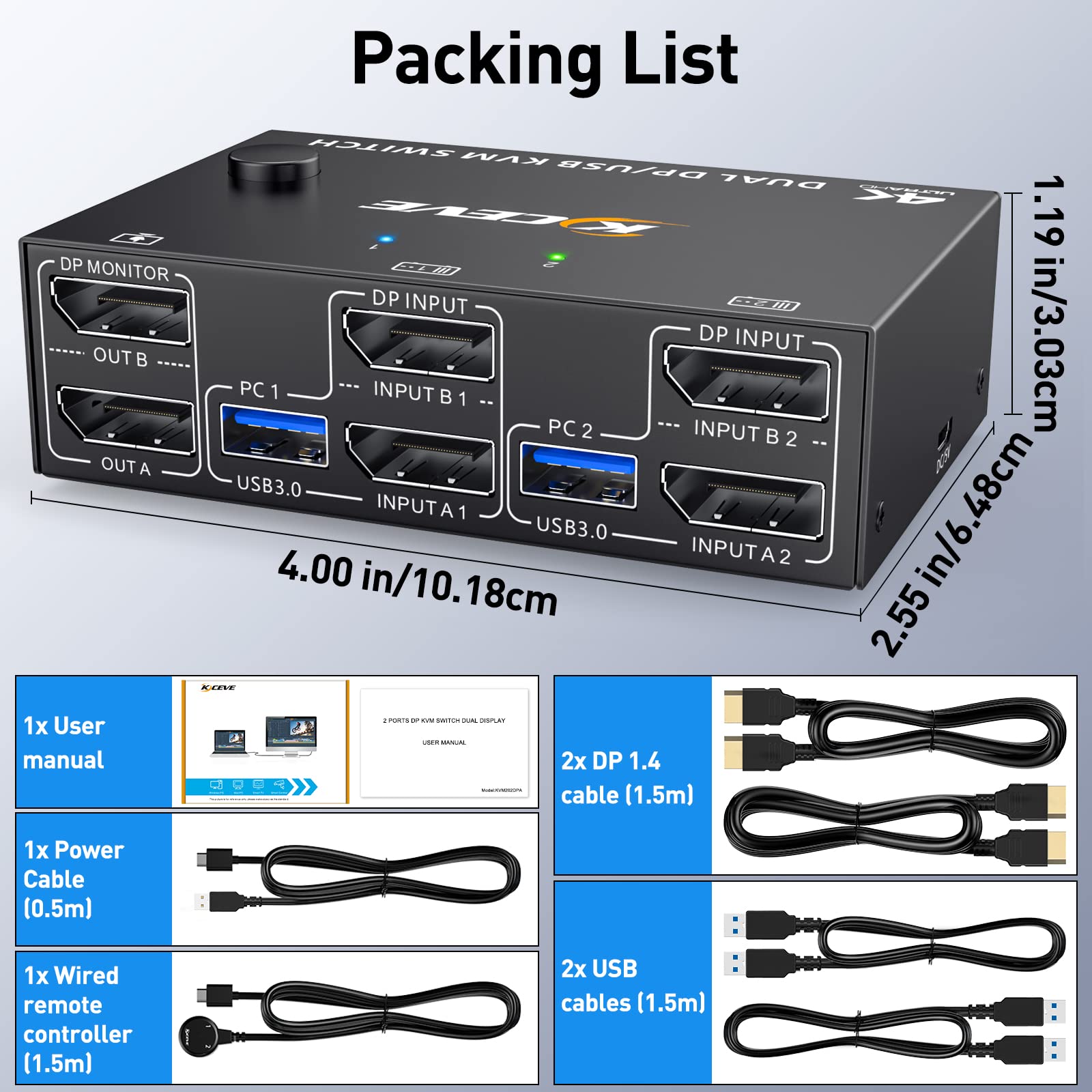 DP KVM Switch 2 Port 4K@60Hz - Dual Monitor USB 3.0 DisplayPort KVM Switcher for 2 Computers Sharing Keyboard, Mouse & 2 Monitors - Ideal for Home Office, Gaming & Multi-PC Workstations