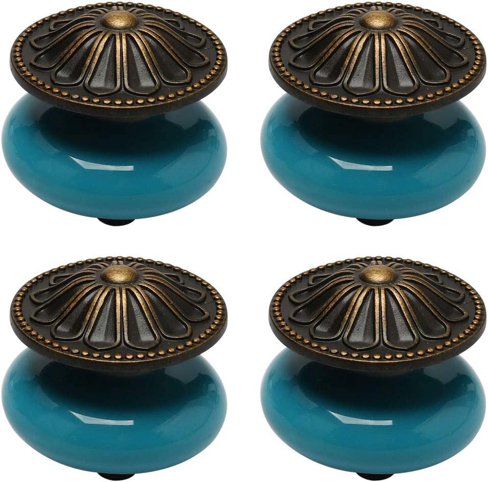 Vintage Ceramic Knobs 4pcs - Blue Drawer Pull Handles for Furniture & Cabinets - Wardrobe & Dresser Door Replacement