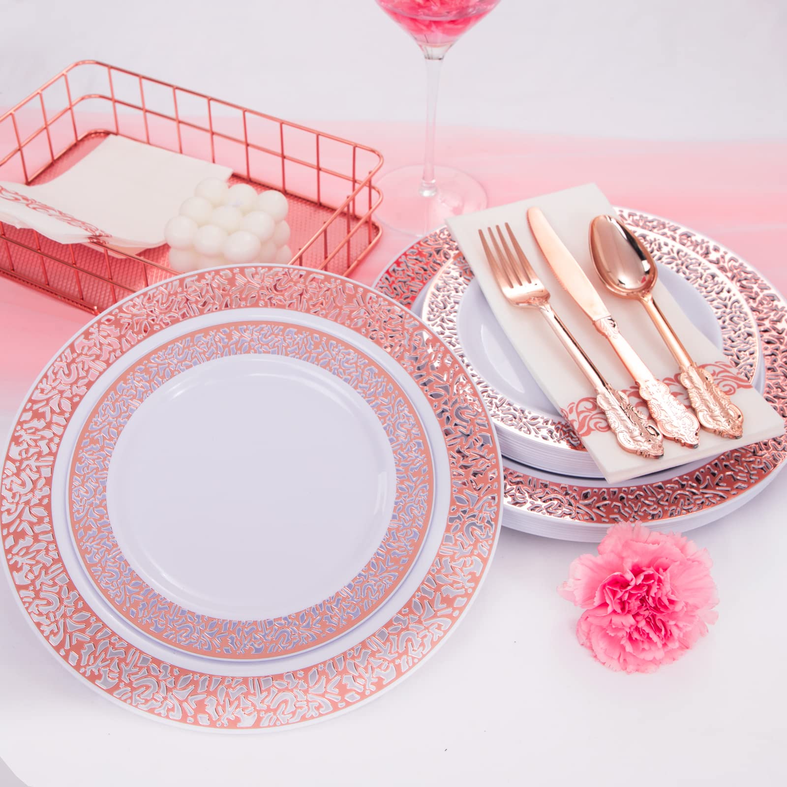 50-Piece Rose Gold Plastic Dinnerware Set for Parties - 100 Disposable Plates, 150 Silverware (50 Forks, 50 Knives, 50 Spoons), 50 Cups with Paper Straws & Napkins - Elegant Disposable Tableware for Weddings, Baby Showers & Events