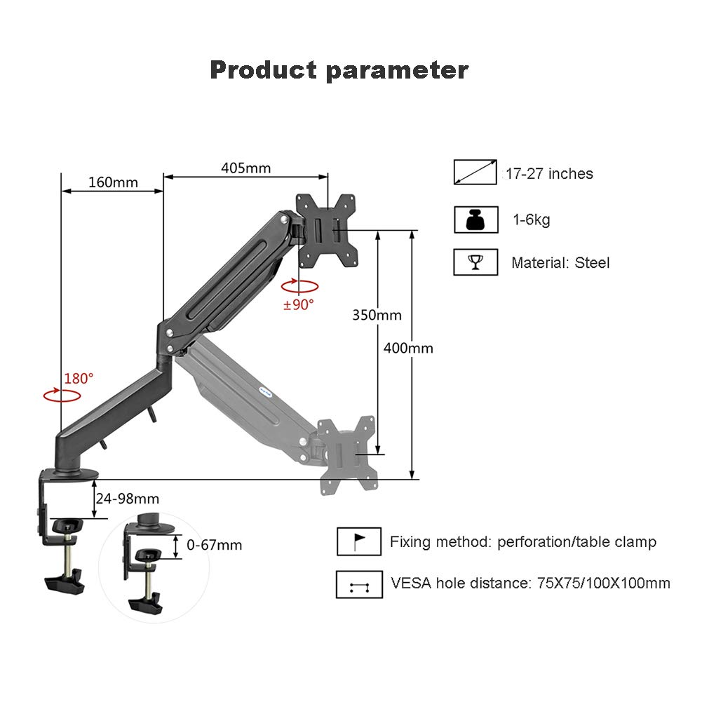 AYY Single Monitor Arm Stand for 17-27 Inch Computer Screens - Adjustable Height, Tilt & Rotation Steel Mount with VESA 75x75/100x100 - Perfect for Home Office, Gaming & Workspace Ergonomics