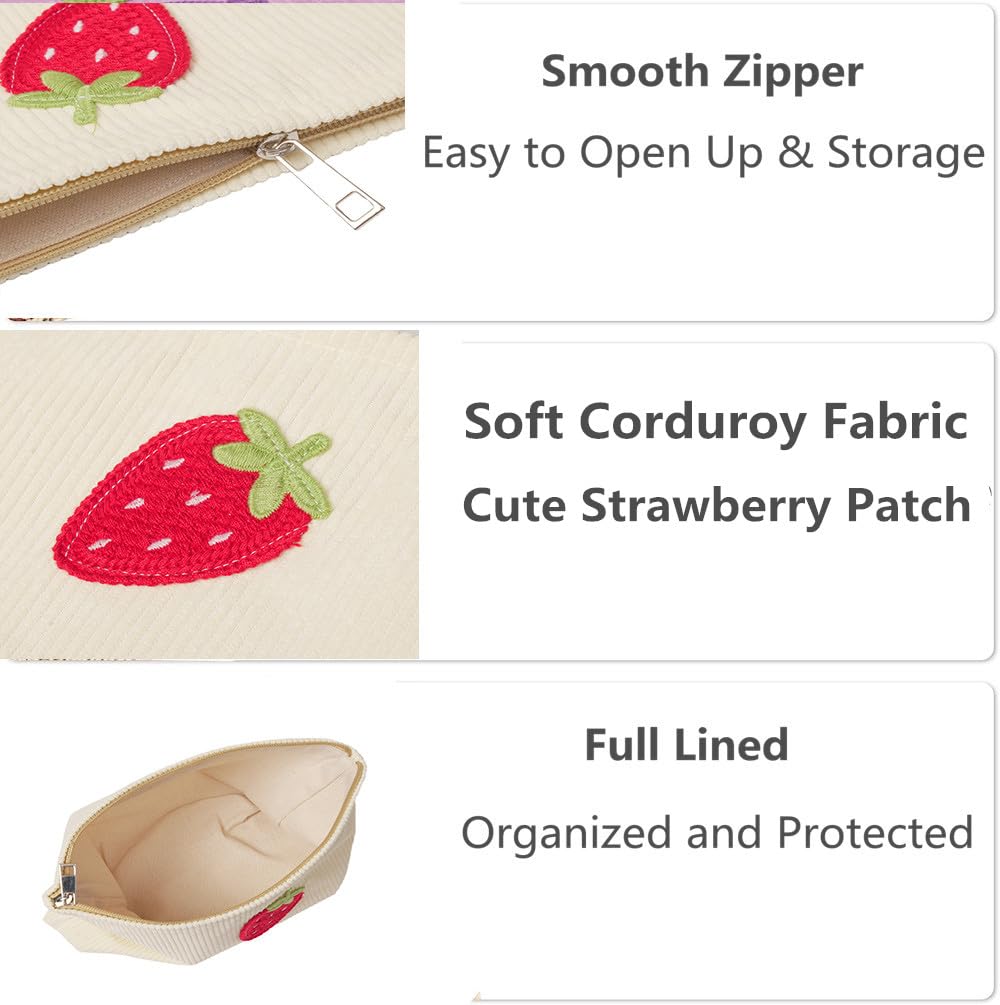 Strawberry Patch Corduroy Makeup Bag Set - Large Travel Toiletry Cosmetic Pouch with Zipper for Women (Beige) | Cute Cosmetic Bags for Travel, Gym, and Daily Essentials Storage