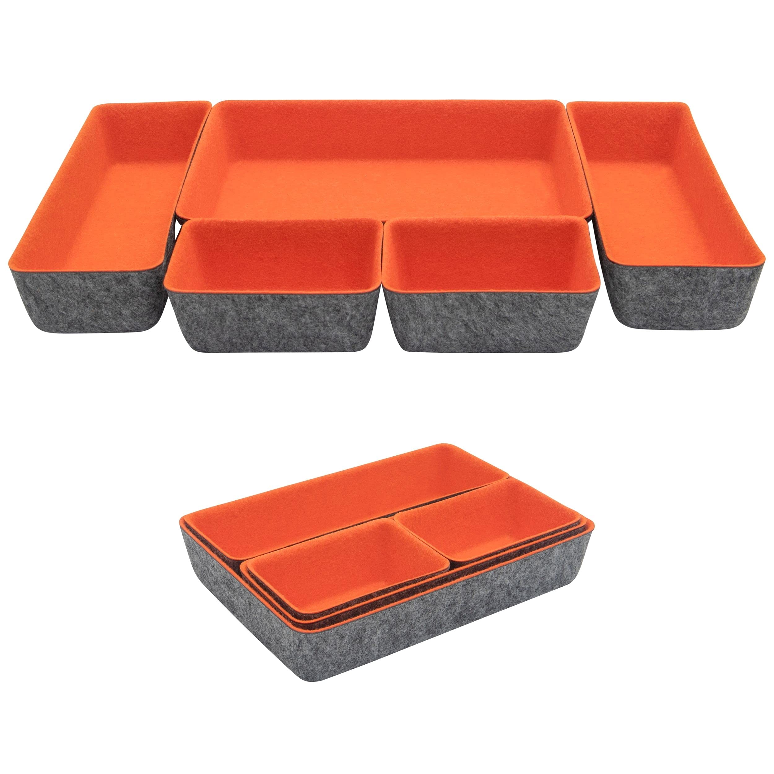 Teeo Drawer Organizers for Makeup, Office & Home - 5 Pack Orange Vanity Trays | Perfect for Cosmetic Storage, Desk Drawer Organization & Bathroom Vanity Accessories