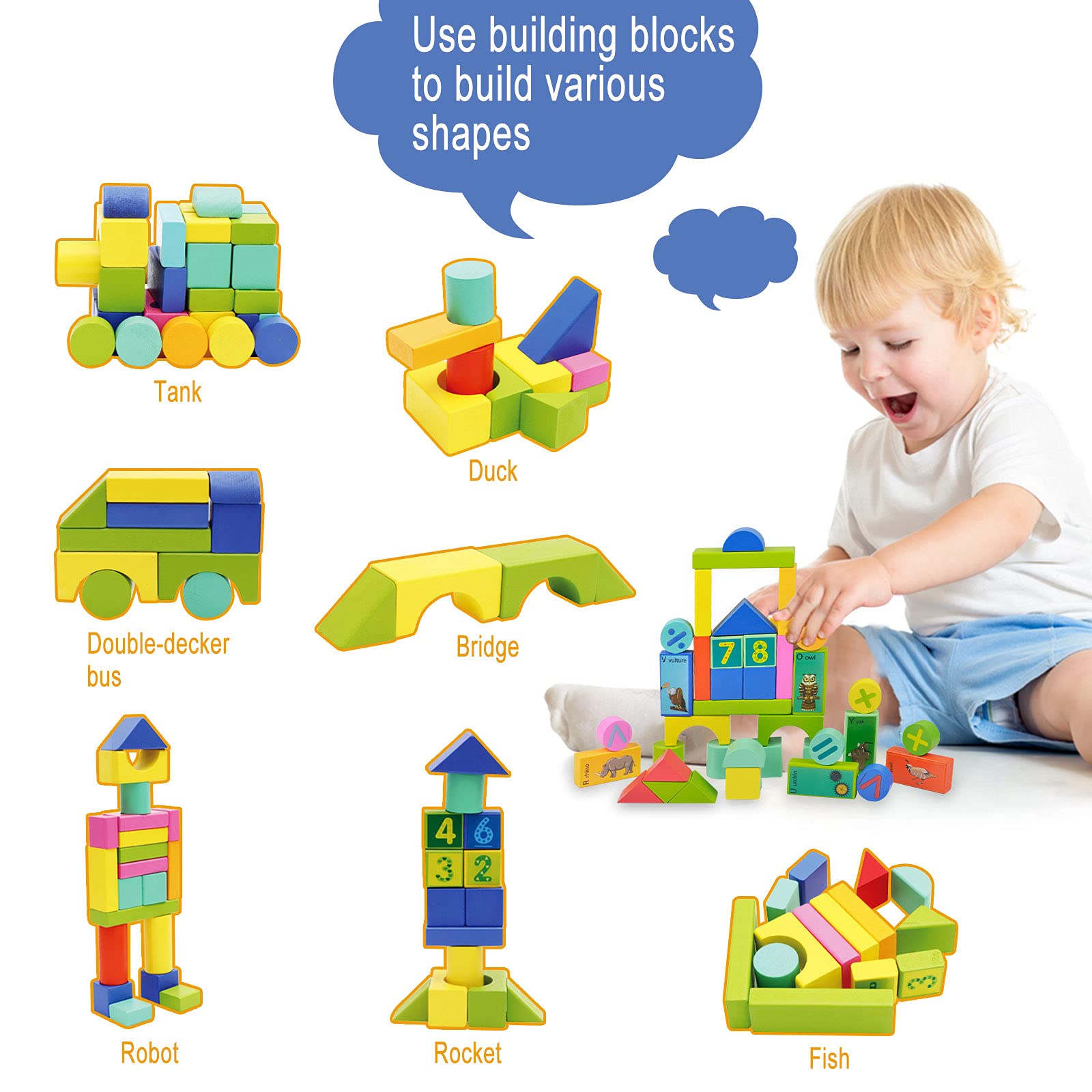 60 PCS Wooden Building Blocks for Toddlers - Educational Stacking Toys for Kids Ages 3-8 | Preschool Learning Toys for Boys & Girls | Perfect for Classroom, Birthday Gifts & Montessori Activities