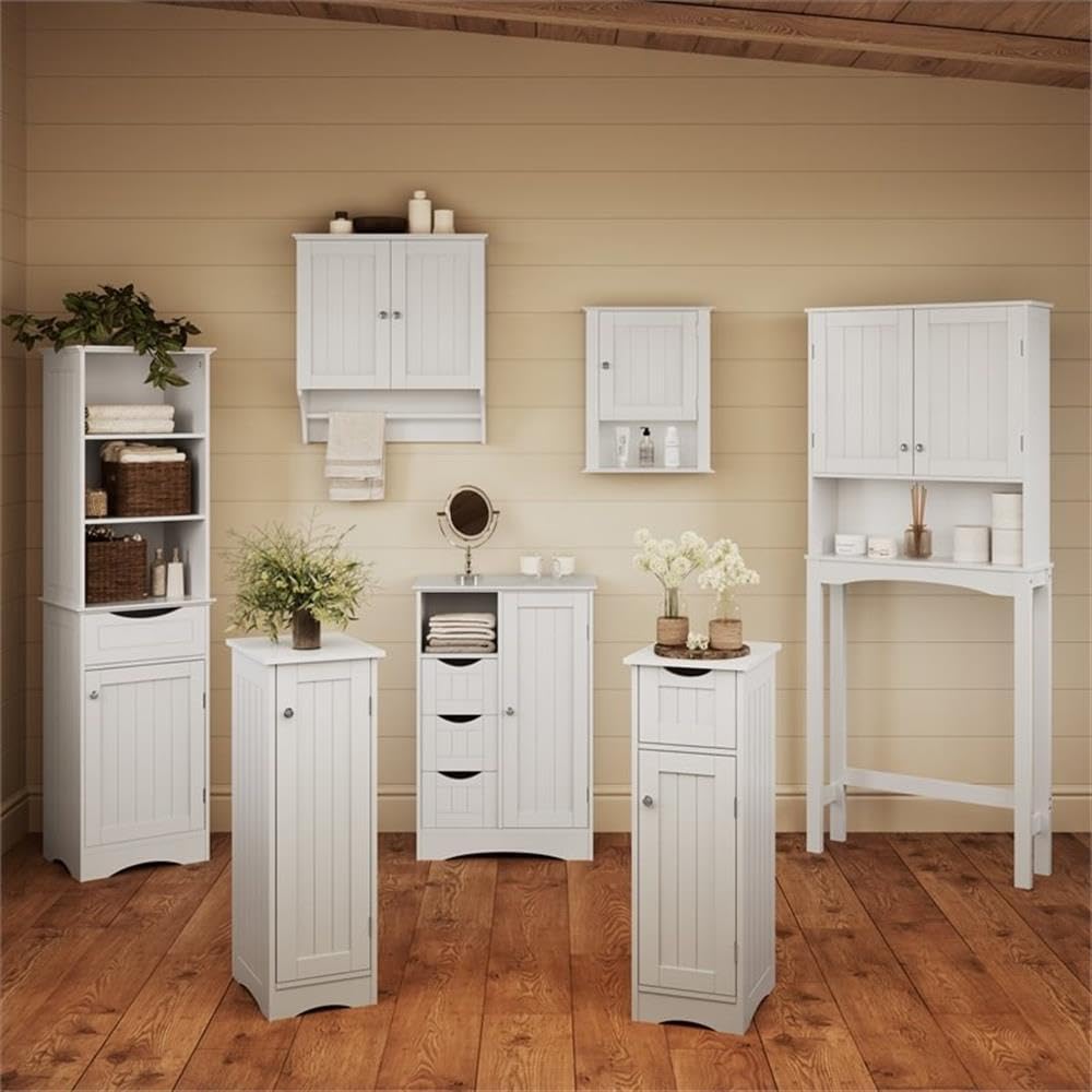RiverRidge White Ashland Freestanding Bathroom Storage Cabinet with 3 Open Shelves & Drawer - Perfect for Organizing Towels, Toiletries & Bathroom Essentials in Small Spaces