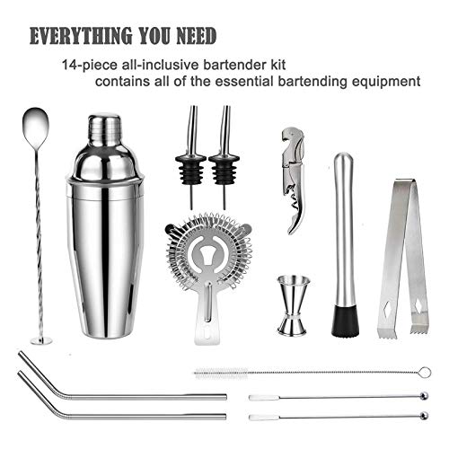 Premium 14-Piece Cocktail Shaker Set - Professional Bartender Kit with Stainless Steel Mixing Tools for Home Bars, Parties & Mixology Enthusiasts | Perfect for Margaritas, Martinis & Craft Cocktails