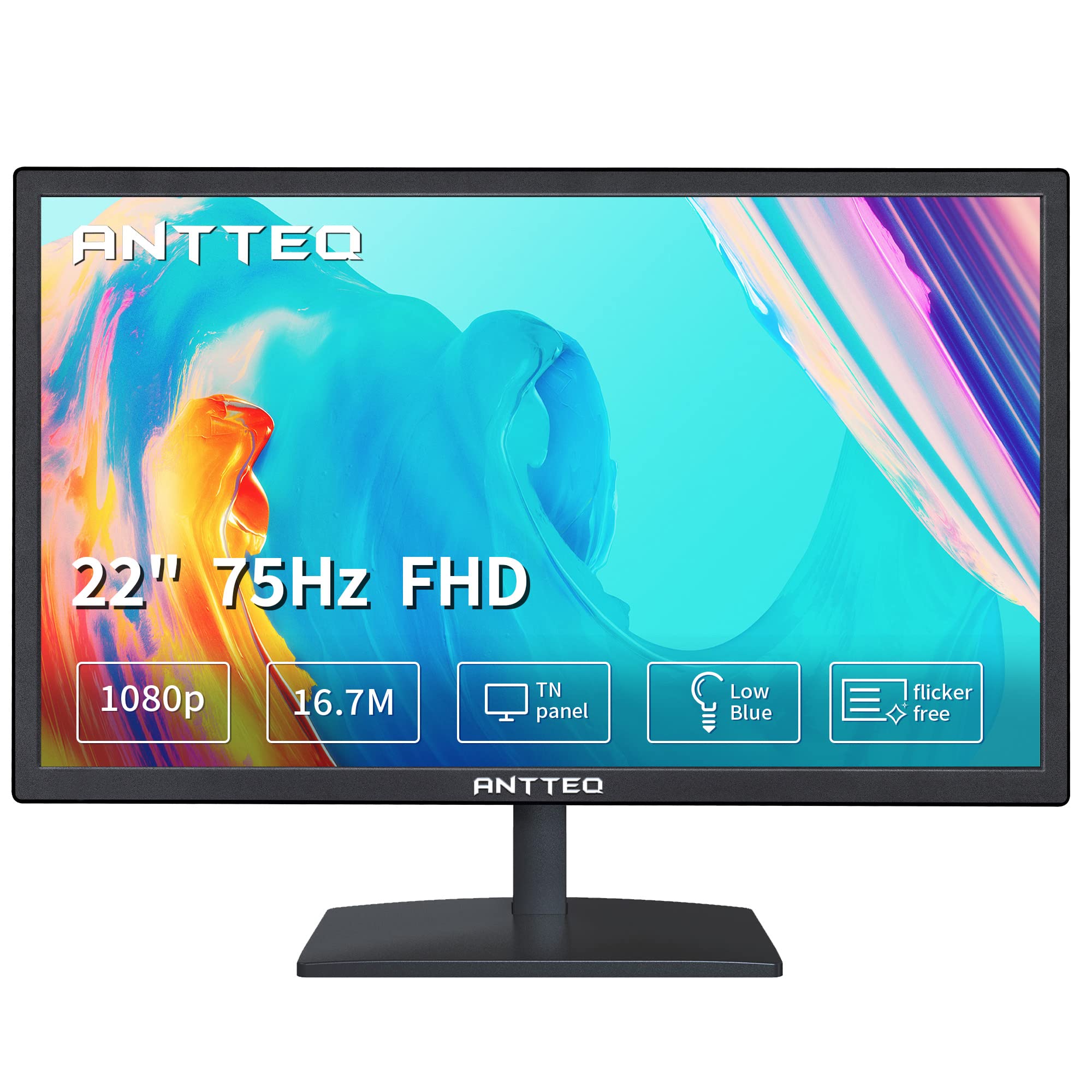 22 Inch Business Computer Monitor - FHD 1080p 75Hz LED Desktop Monitor with Low Blue Light & Eye Comfort, HDMI VGA Ports, Black - Perfect for Office Work, Gaming, and Home Use