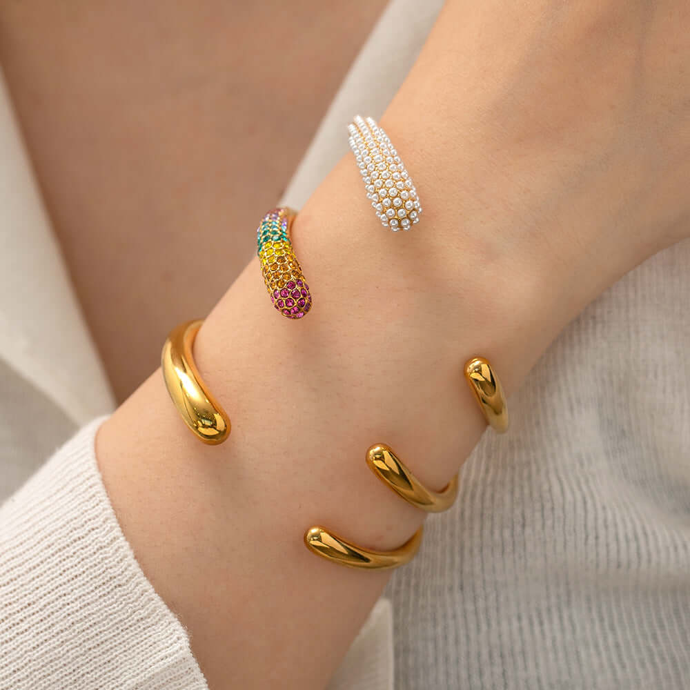 18K Gold Plated Pearl & Rainbow Open Cuff Bangle Bracelet - Elegant Jewelry for Women | Perfect for Parties, Weddings & Special Occasions | JDB489