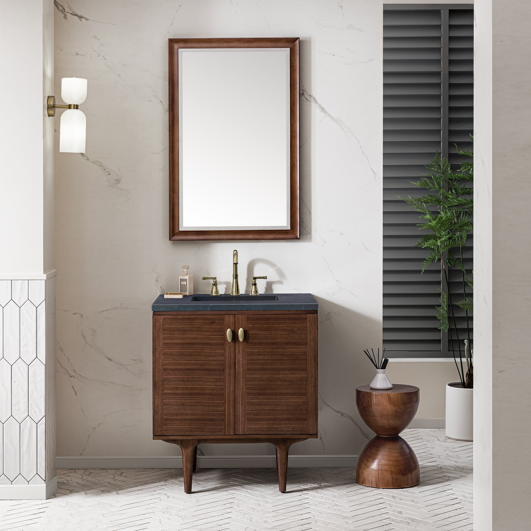 Amberly 30 Inch Single Bathroom Vanity with Sink - Mid Century Modern Walnut Finish for Small Space & Powder Room Remodel