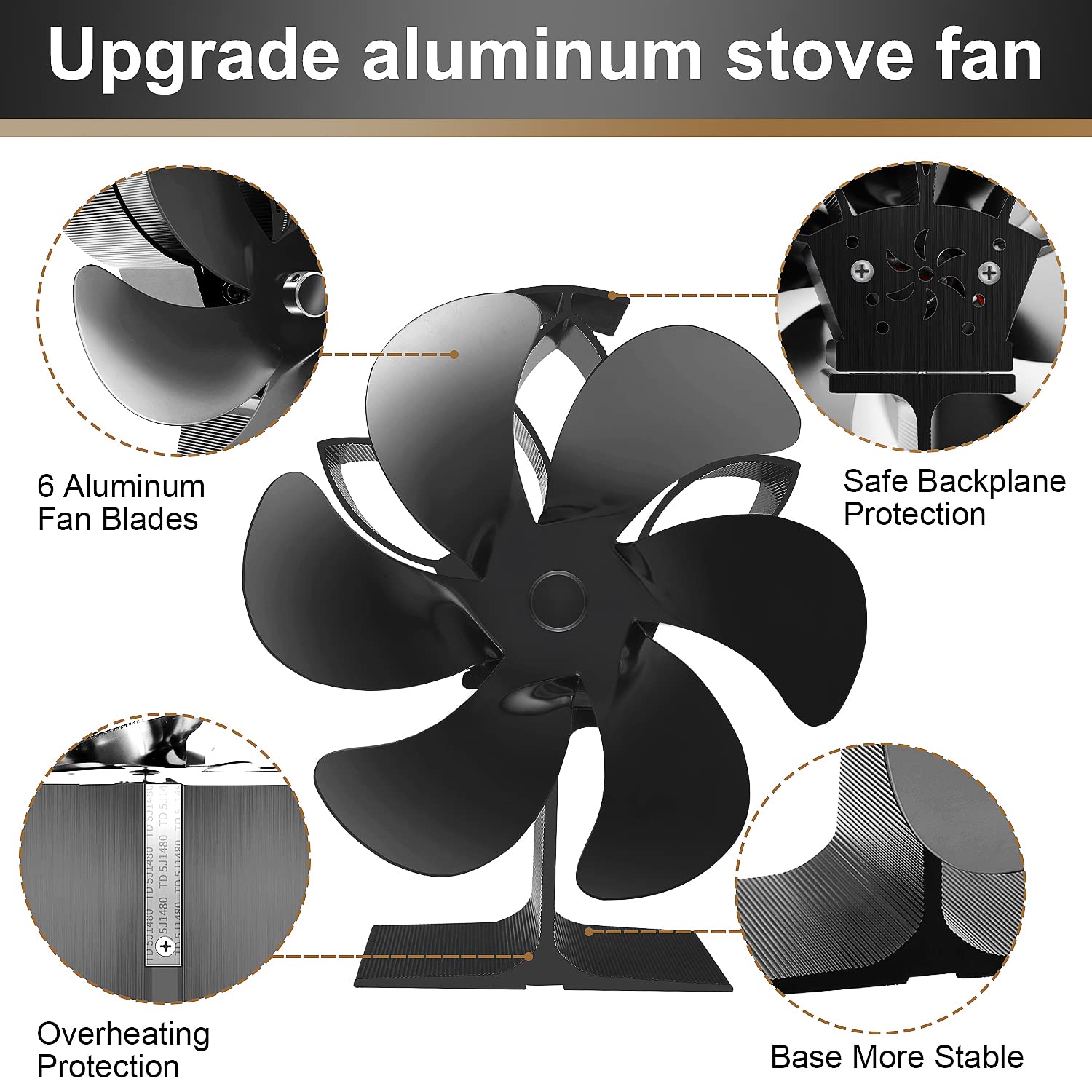 6 Blades Wood Stove Fan - Heat Powered Fireplace Fan for Wood Burning Stove & Gas/Log Burner - Efficient Eco-Friendly Stove Accessory for Home Heating & Energy Savings