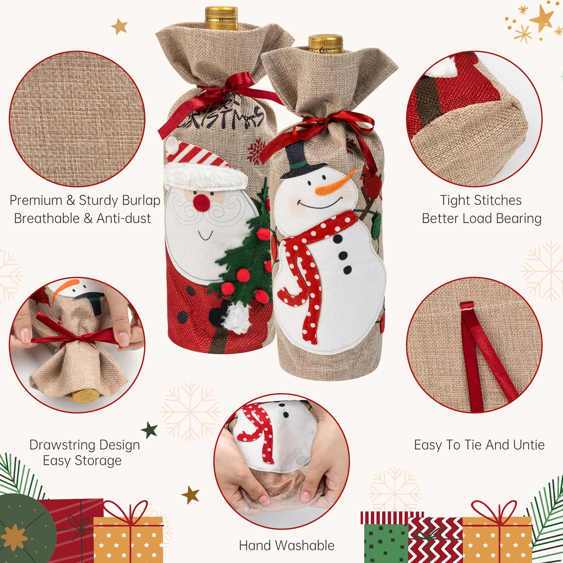 Amazer 2 Pack Christmas Wine Gift Bags - Burlap Drawstring Wine Bottle Covers with 3D Holiday Patterns for Gifting & Party Decor (Red/Green) | Perfect for Christmas Parties, Hostess Gifts & Wine Lover Presents