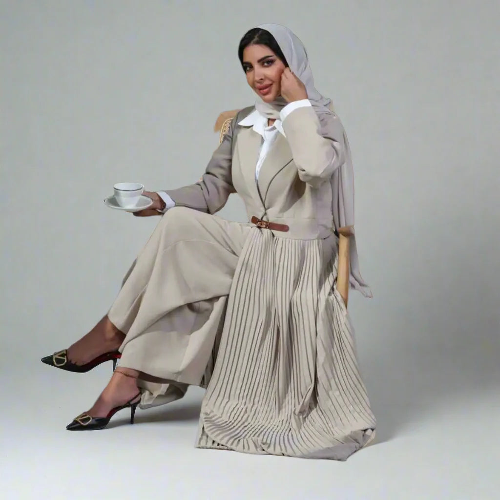 Elegant Pleated Muslim Women's Open Abaya Dress with Adjustable Leather Belt - Modest Islamic Fashion for Prayer, Eid, Wedding & Special Occasions