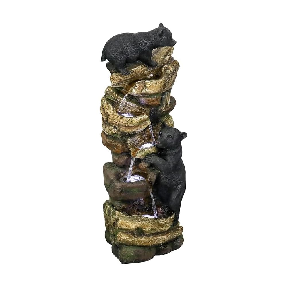 39.3 Inch 5-Tier Outdoor Garden Water Fountain with LED Lights - Bear Climbing Tree Resin Fountain for Patio, Deck, Yard - Perfect for Relaxation & Landscape Decoration (Brown)