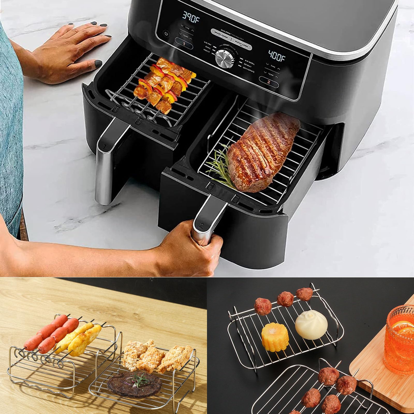 Air Fryer Accessories Set - Double Layer Multifunctional Rack & Grid for Hot Air Fryers - Perfect for Baking, Roasting, and Frying Healthy Meals at Home