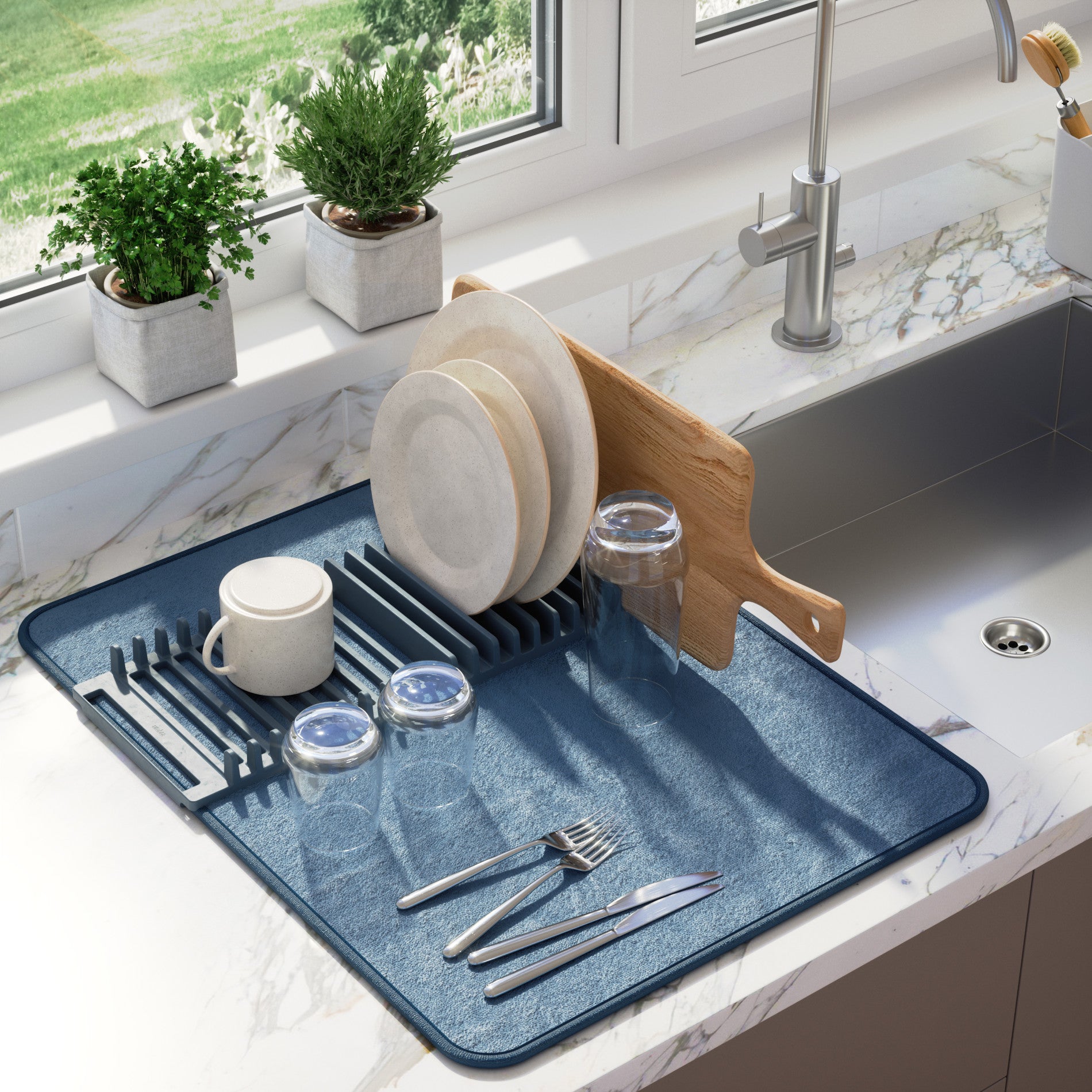 UDry Premium Dish Drying Rack with Absorbent Mat - Space Saving Kitchen Organizer for Countertop, Sink & Small Spaces