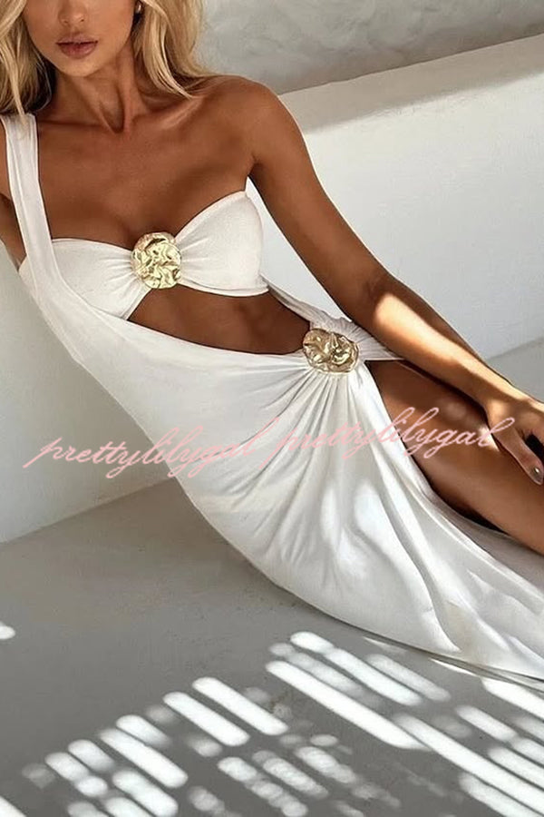 Sexy Metallic Two Piece Bikini Swimsuit Set with One Shoulder Cover Up - Stretchy Solid Color Swimwear for Women - Perfect for Beach Vacation, Pool Party & Summer Getaways