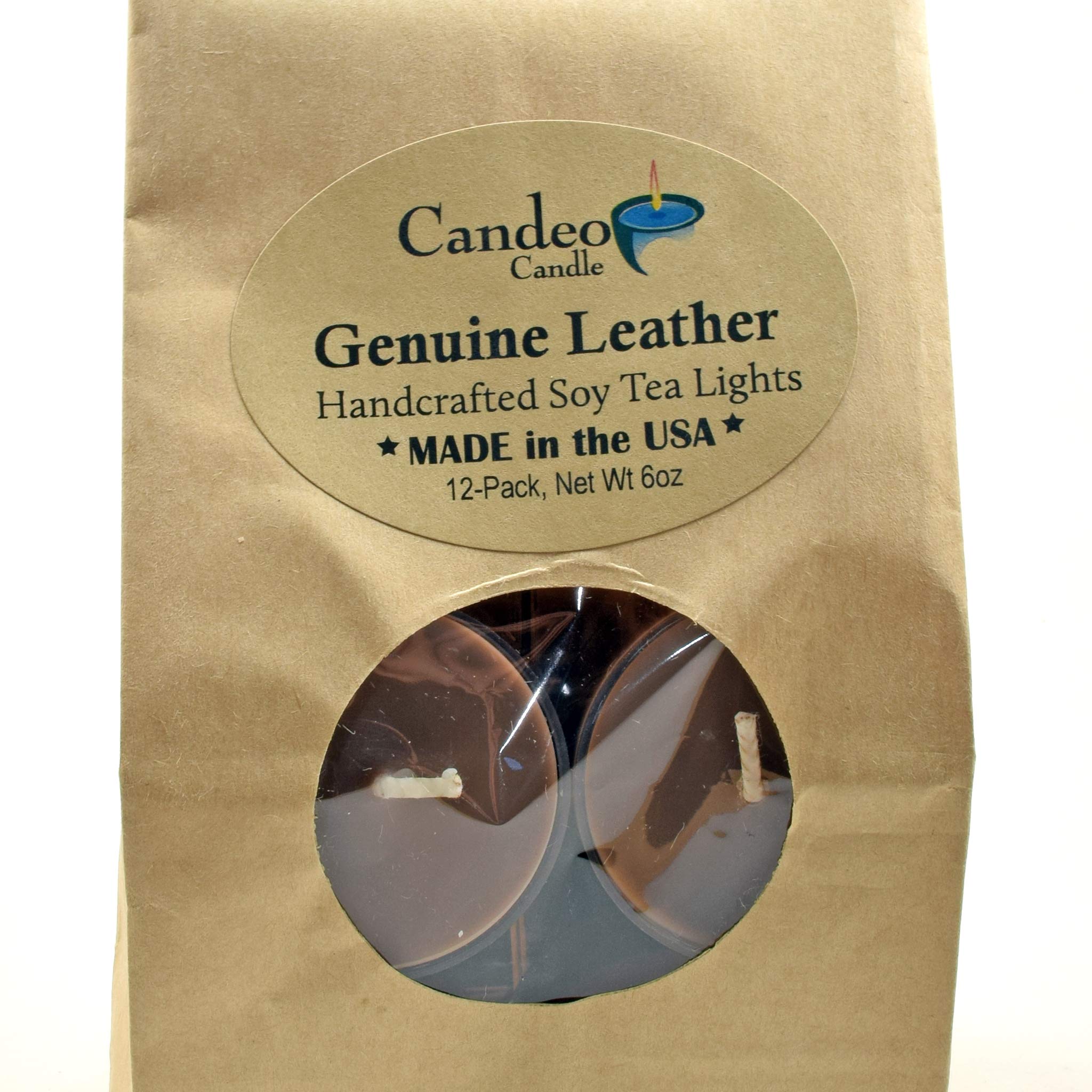 Soy Tealight Candles 12 Pack - Genuine Leather Scent, Handmade in USA for Home Decor & Gifts