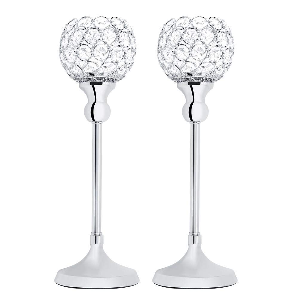 2-Pack Silver Crystal Hollow Tea Light Candle Holders - Elegant Wedding Table Decor, Party Centerpiece & Romantic Home Décor Gift Set