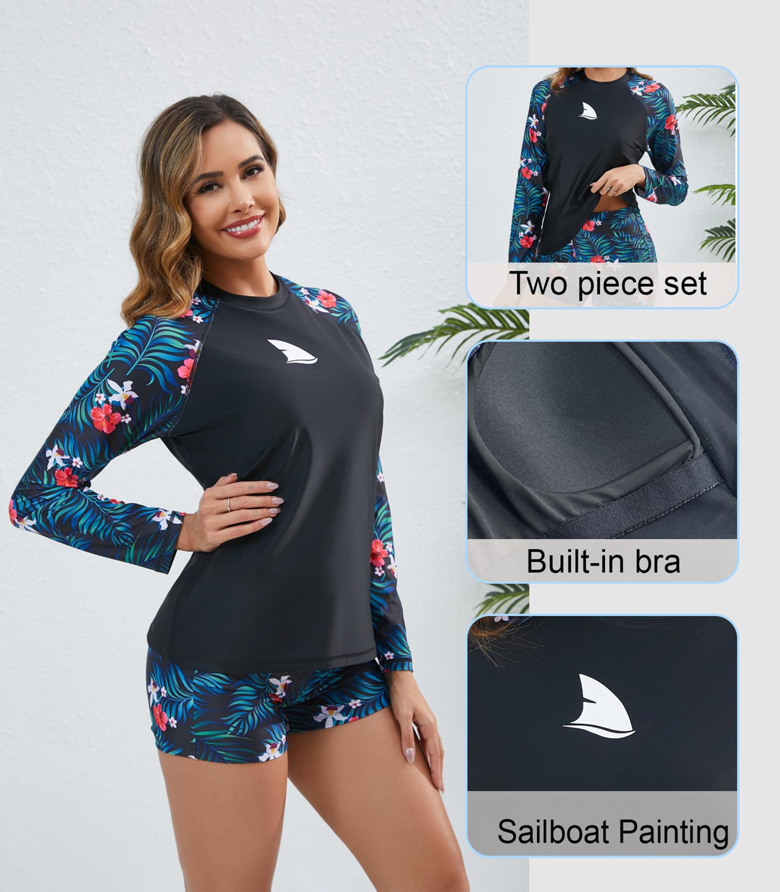 Women's UPF50+ Long Sleeve Rash Guard Swimwear Set with Built-in Bra - 2 Piece Swim Shirt & Shorts for Surfing, Swimming & Beach Activities