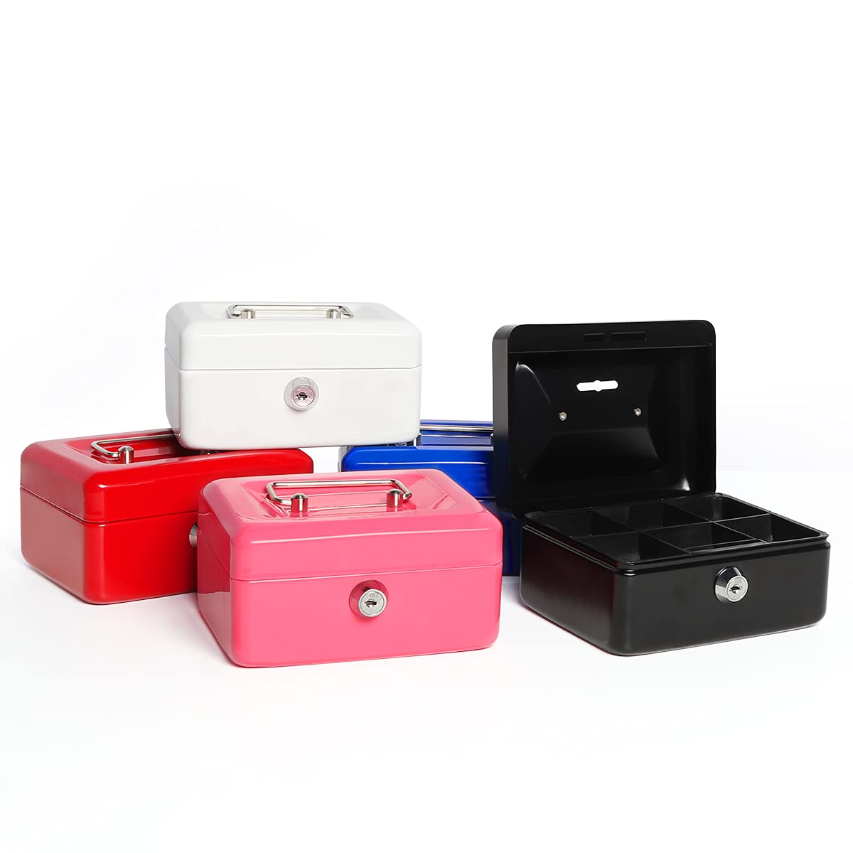 Jssmst Small Locking Cash Box with Money Tray - Secure Money Storage Box for Kids & Home Use - Top Slot Deposit - 5.91 x 4.72 x 2.95 Inch Red Lock Box (CB003-R) - Perfect for Piggy Bank, Allowance Savings, Home Office & Retail Cash Management