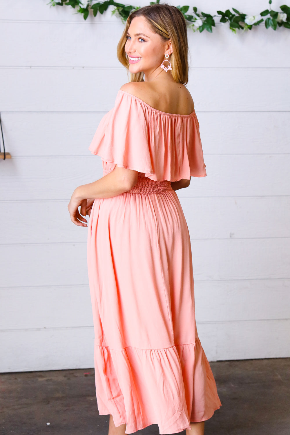 Coral Off-Shoulder Smocked Waist Ruffle Sleeve Midi Dress for Women - Summer Beach Party, Wedding Guest, Date Night Outfit