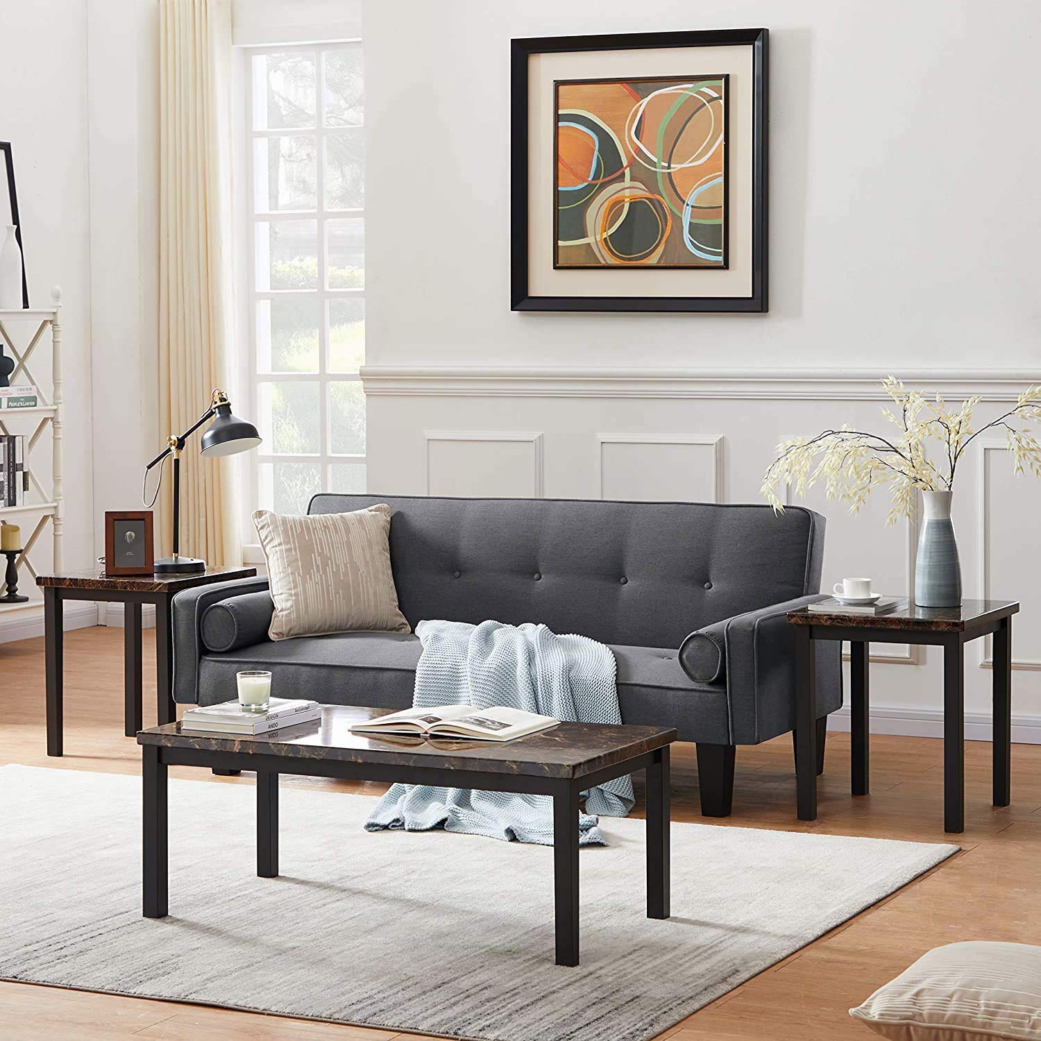 Hooseng 3-Piece Coffee Table Set with Faux Marble Tabletop & Black Metal Frame - Modern Sofa Side Tables for Living Room - Includes Coffee Table & 2 End Tables in Brown - Perfect for Home Decor, Small Space Furniture & Coffee Table Styling