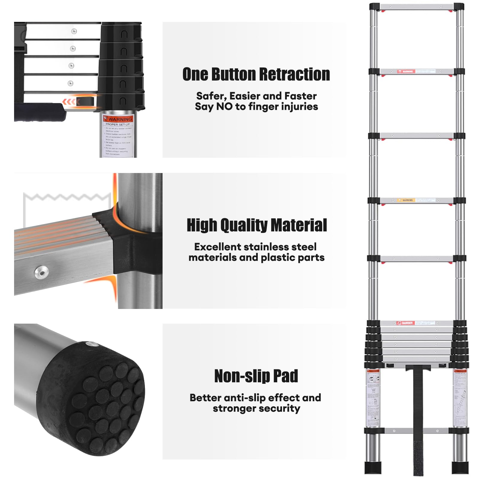 12.5FT Telescoping Ladder - One Button Retraction Stainless Steel Extension Ladder with Non-Slip Feet & Slow Down Safety Design | Compact Collapsible Ladder for Home, RV, Attic, Roof Access & Warehouse Use