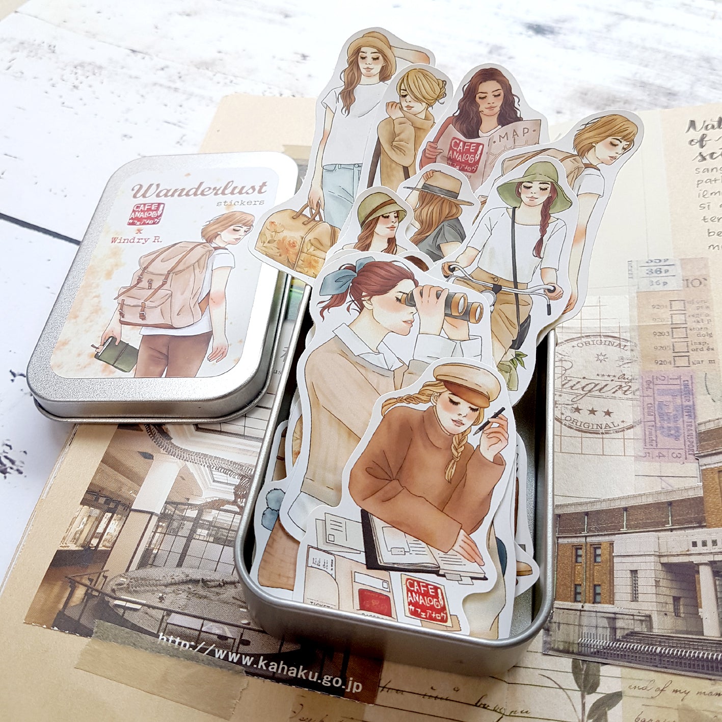 Vintage Cafe Analog X Windry R Wanderlust Girls Stickers in Tin - Perfect for Scrapbooking, Journals & DIY Crafts