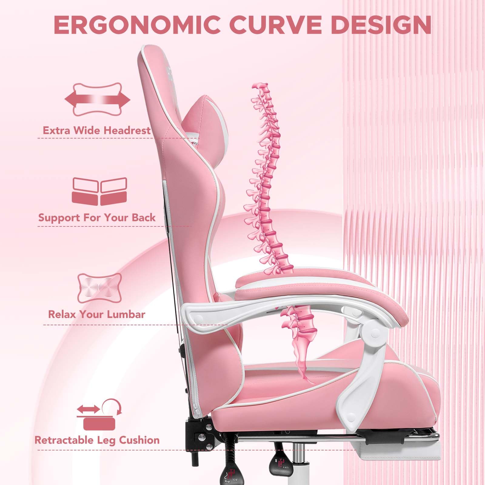 HOFFREE Pink Gaming Chair with Massage & Footrest - Ergonomic Computer Chair with Lumbar Support & Headrest - Reclining PC Gamer Chair for Women & Girls - Perfect for Gaming Setup, Home Office & Streaming Room