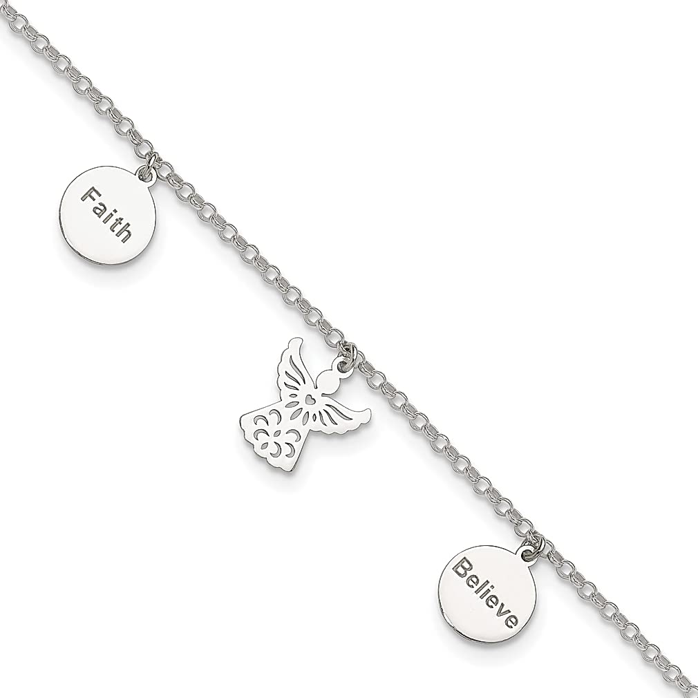 925 Sterling Silver Faith Believe Angel Dangle Anklet - 9 Inch Religious Jewelry for Women, Perfect Gift for Her - Ideal for Church, Weddings & Spiritual Occasions