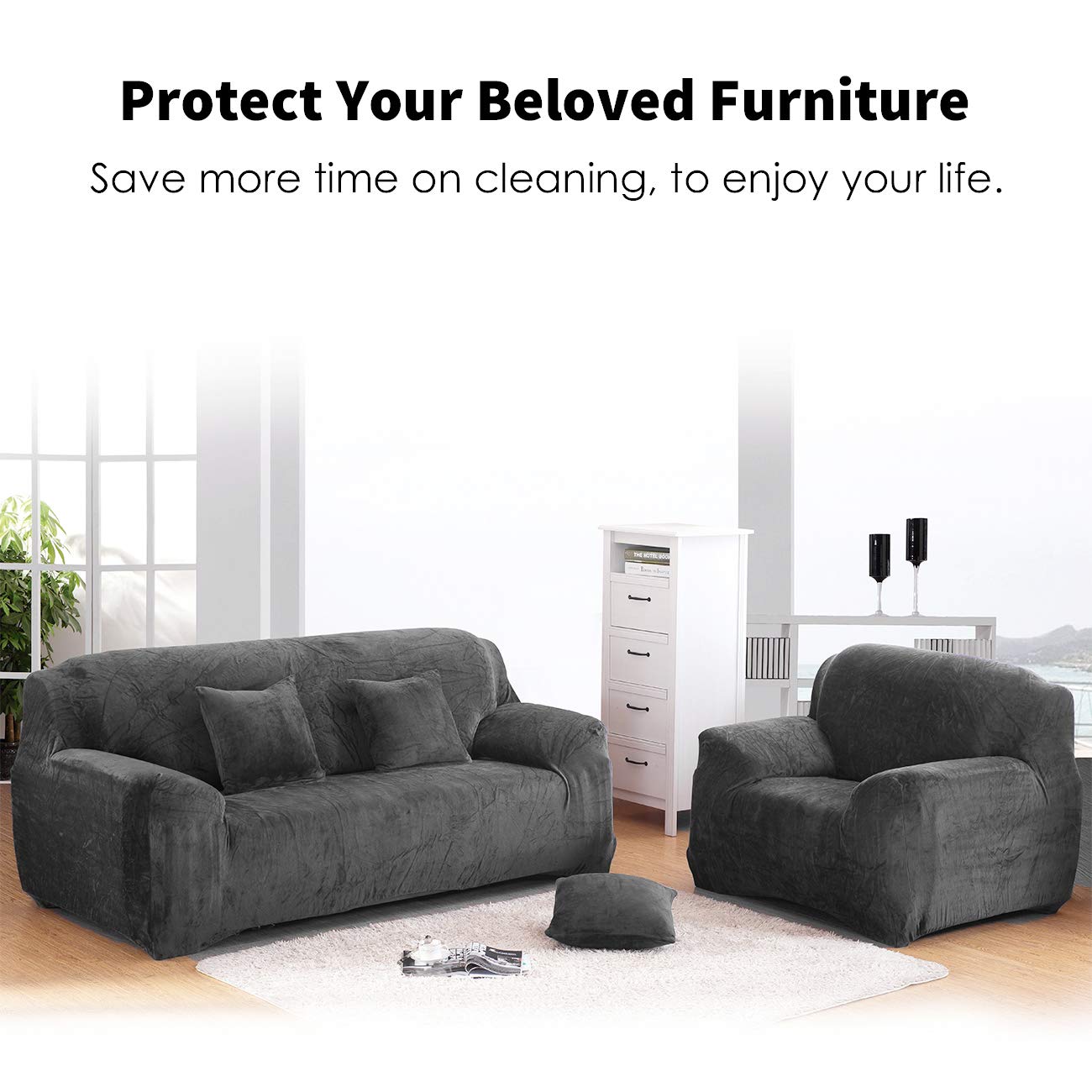 Premium Elastic Sofa Covers for 3 Seater Couches - Soft Velvet Stretchable Slipcovers in Dark Gray - Perfect for Living Room, Family Room & Home Decor Protection