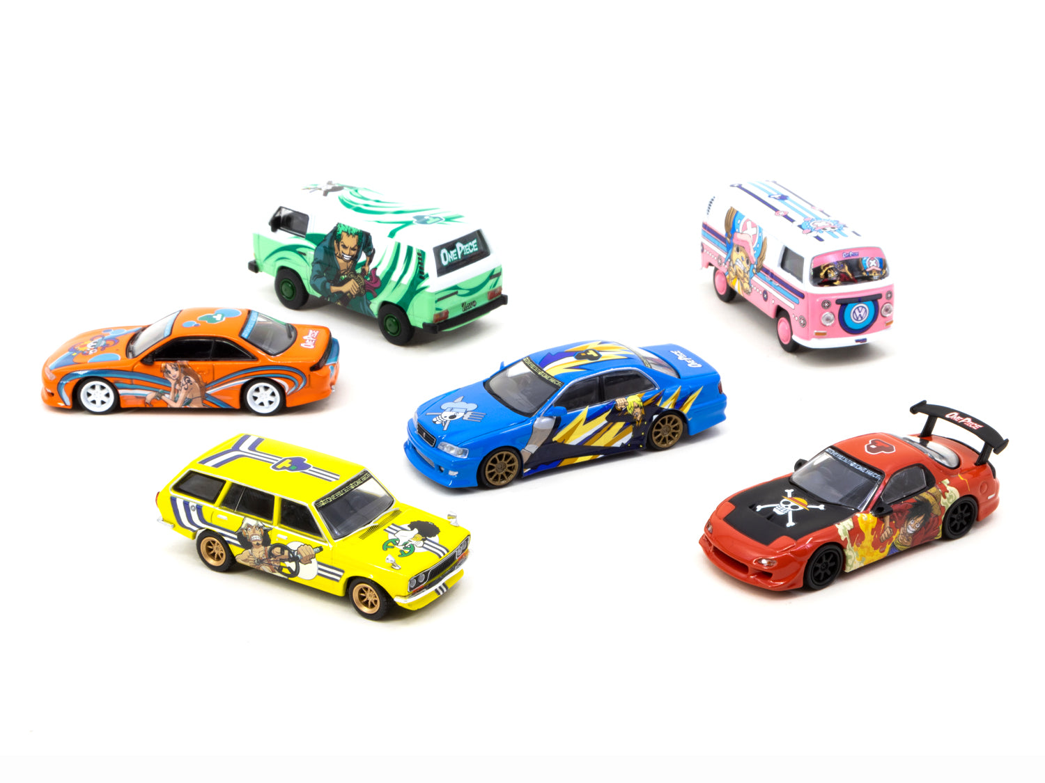 Tarmac Works x One Piece Model Car Collection VOL.1 - 6-Piece Diecast Car Set with Volkswagen Type II (T2) Panel Van Special Edition (COLLAB64) - Perfect for Anime Fans, Car Collectors and Display Shelves