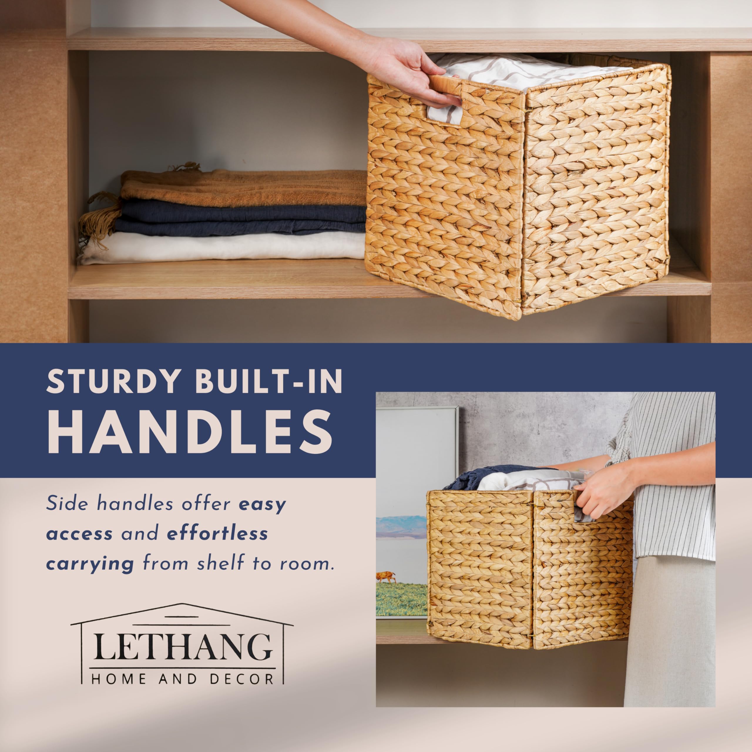 12x12 Foldable Handwoven Water Hyacinth Storage Basket - Natural Wicker Cube Organizer for Shelves, Laundry & Home Decor with Built-In Handles | Perfect for Bedroom Closet, Bathroom Towels & Nursery Organization