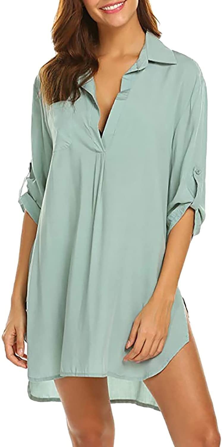 Daliwan Women's Deep V-Neck Fashion Shirt Dress - Light Green XX-Large | Casual Summer Beach Cover Up, Party Wear & Vacation Outfit